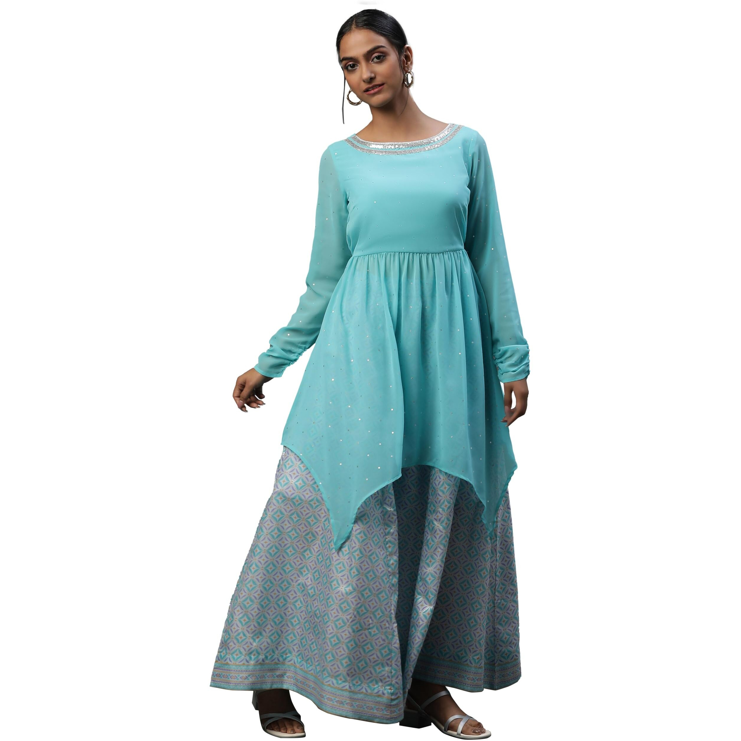 Aurelia Blue Embellished Handkerchief Hemline Kurti & Skirt Set (Size M)-23Feas14015-507008