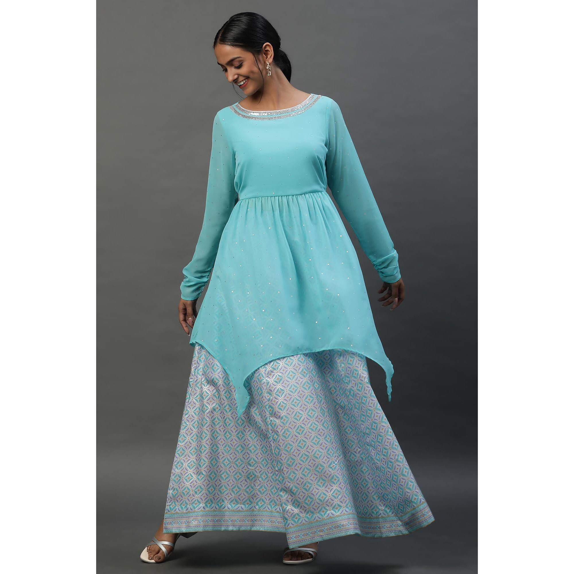 Aurelia Blue Embellished Handkerchief Hemline Kurti & Skirt Set (Size M)-23Feas14015-507008