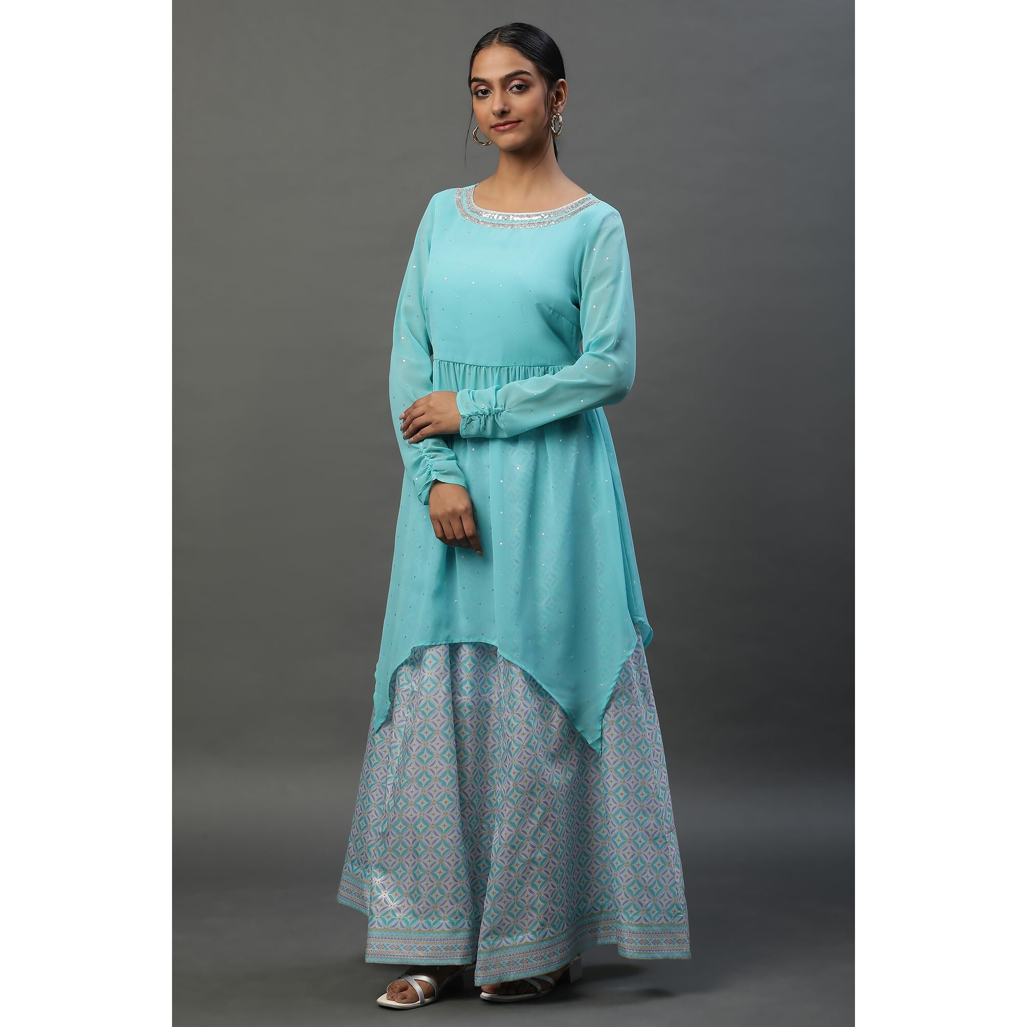 Aurelia Blue Embellished Handkerchief Hemline Kurti & Skirt Set (Size M)-23Feas14015-507008