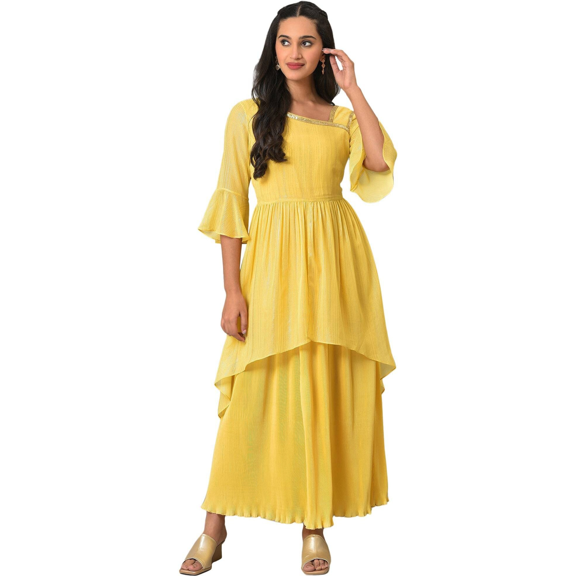 Aurelia Women's Polyester Fit And Flare Midi Dress (23Fea14004-507007_Yellow