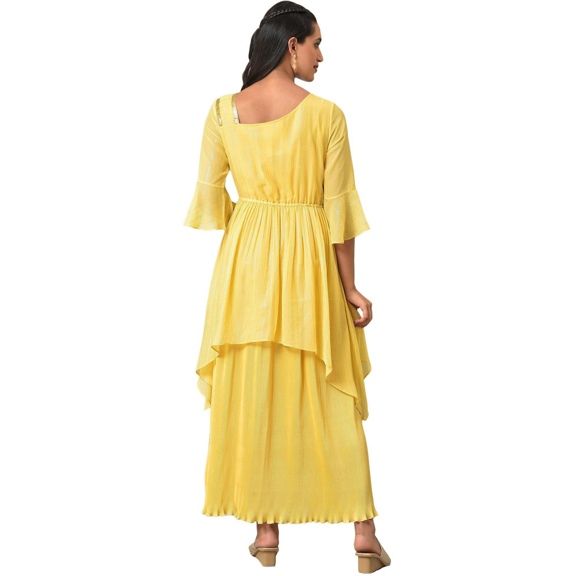 Aurelia Women's Polyester Fit And Flare Midi Dress (23Fea14004-507007_Yellow