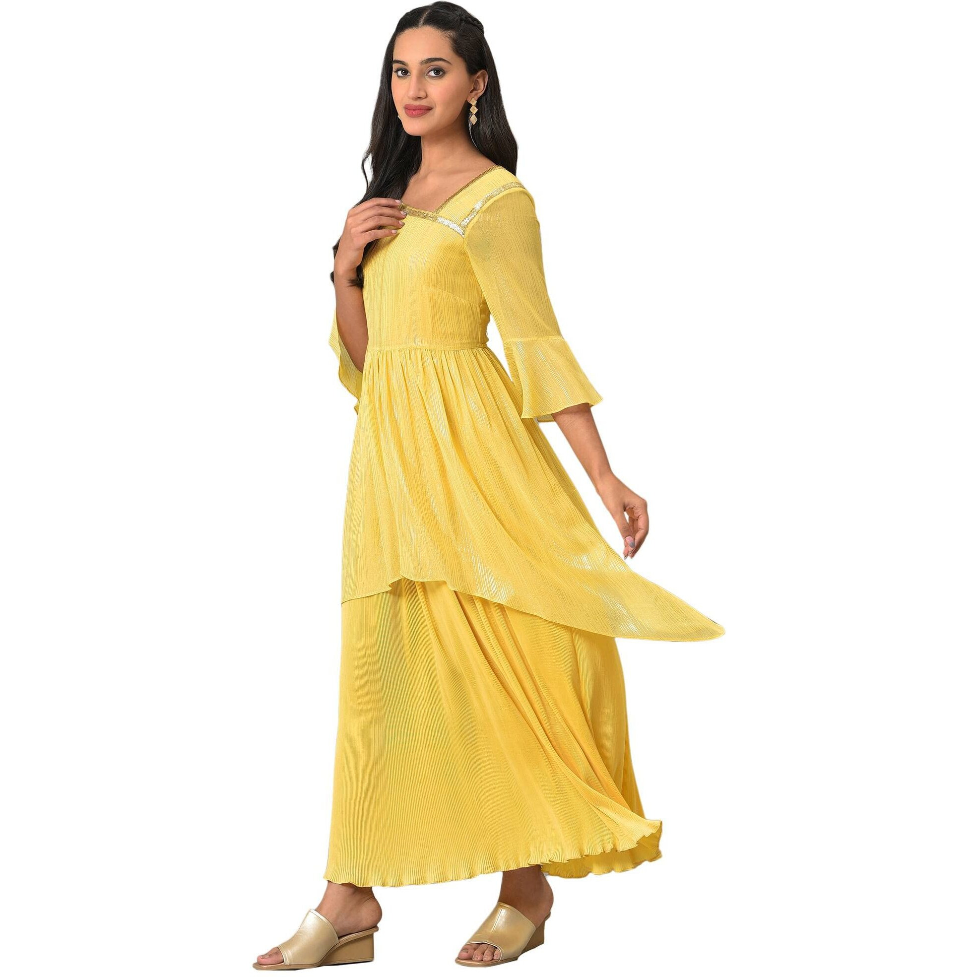Aurelia Women's Polyester Fit And Flare Midi Dress (23Fea14004-507007_Yellow