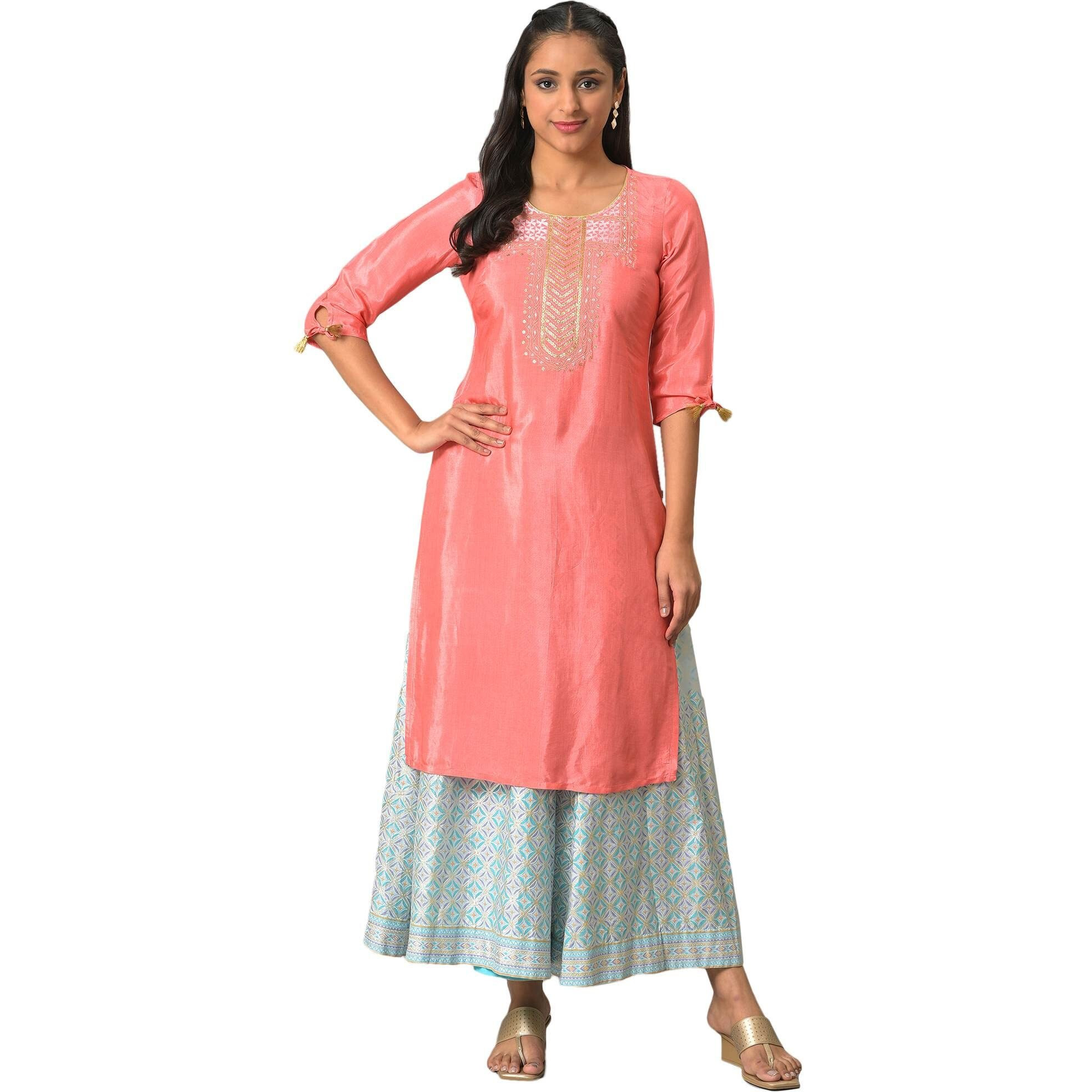 Aurelia Women's Rayon Solid Regular Peach Zari Embroidered Kurta (23Fea13993-605603