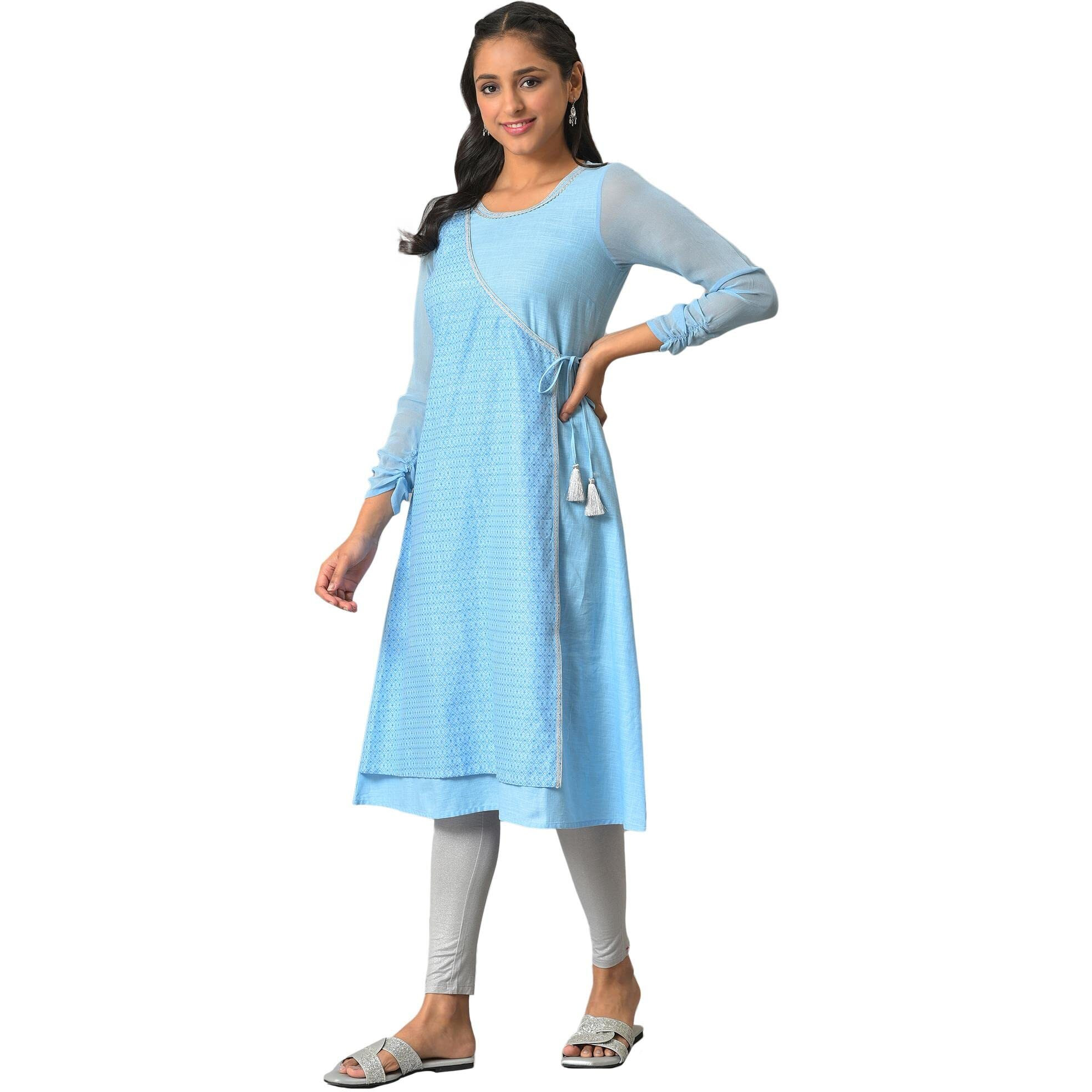Aurelia Blue Foil Pattern Sequin Angrakha Kurta
