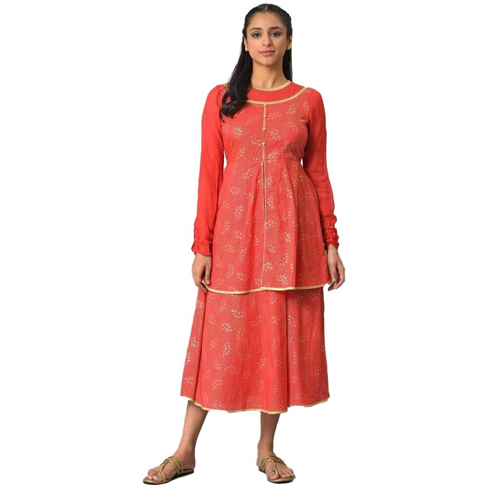Red Flared Printed Modern Ethnic Dress