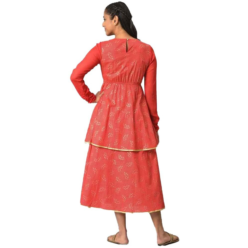 Red Flared Printed Modern Ethnic Dress