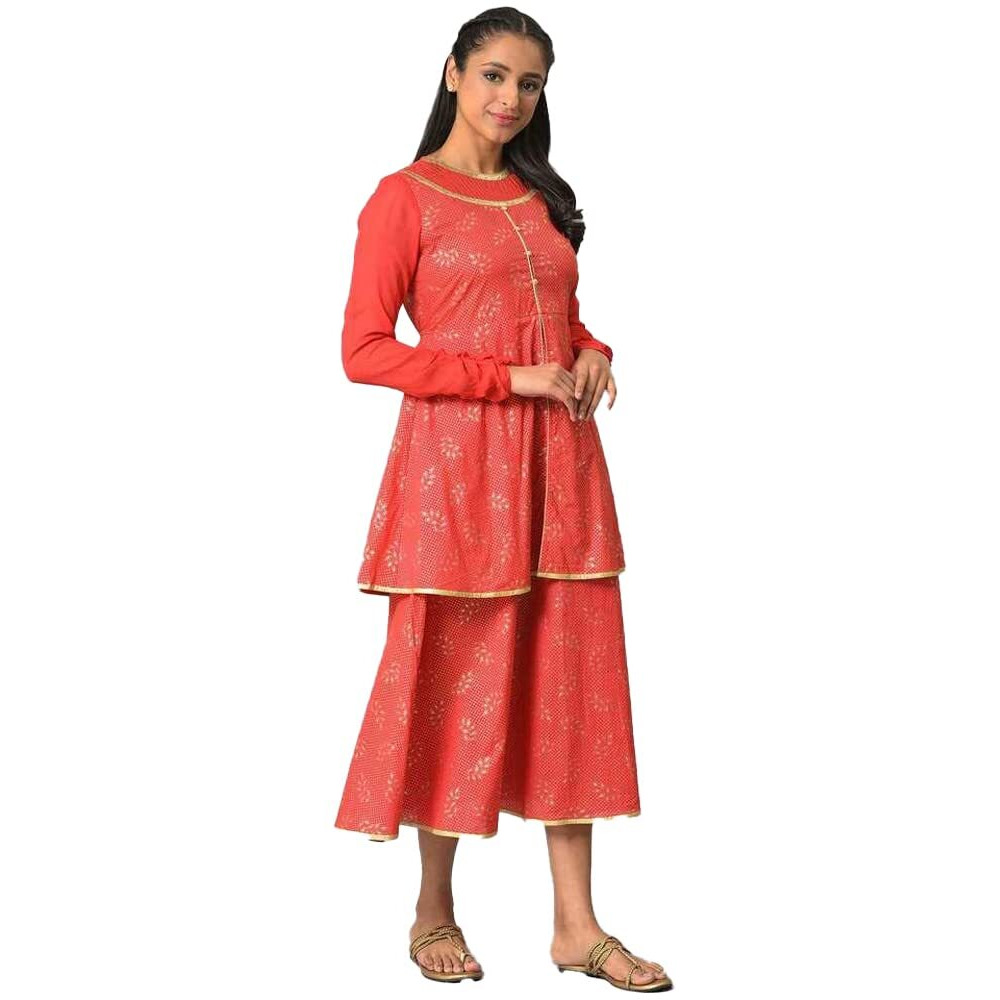 Red Flared Printed Modern Ethnic Dress