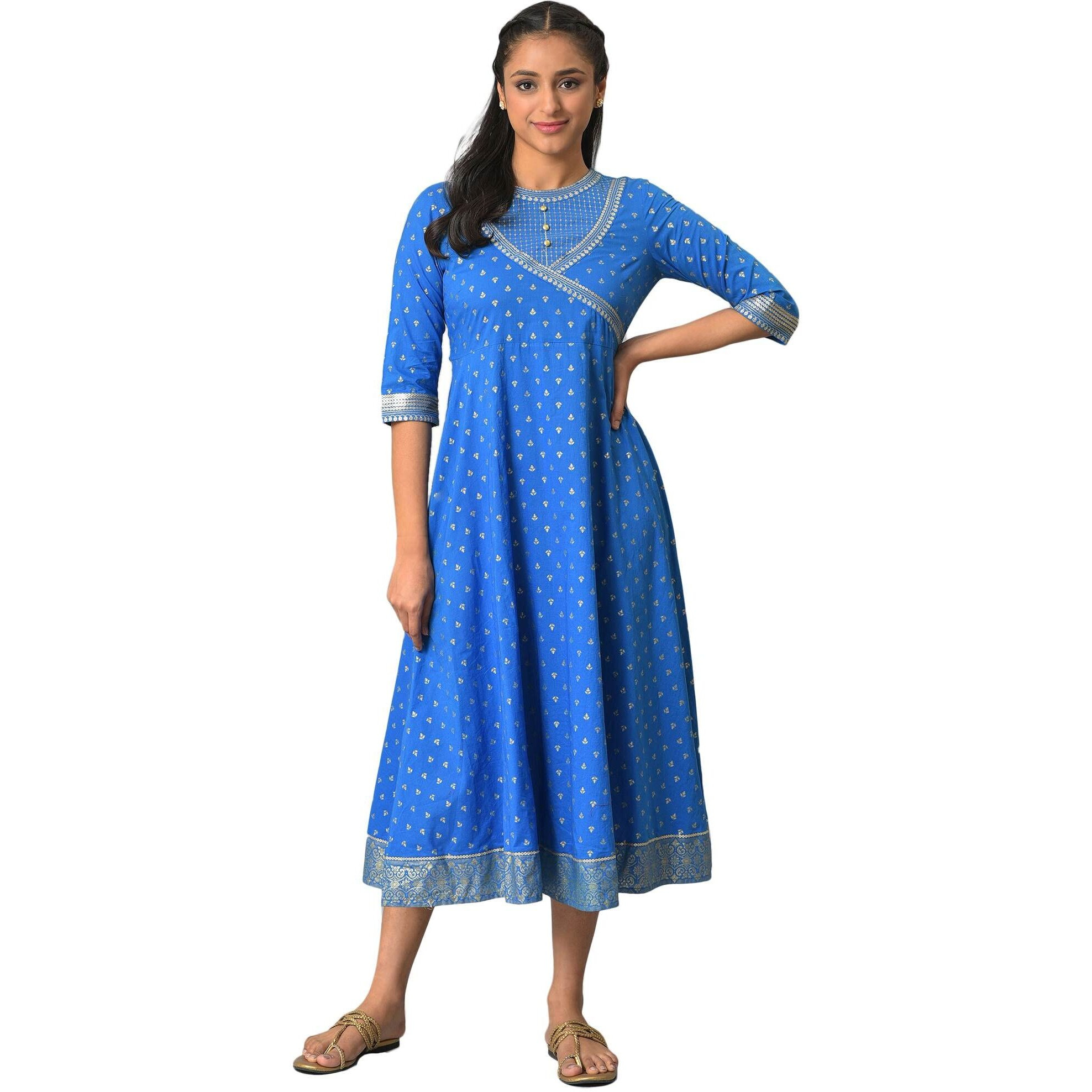 Aurelia Women's Cotton Fit And Flare Midi Dress (23Fea13924-506224_Blue