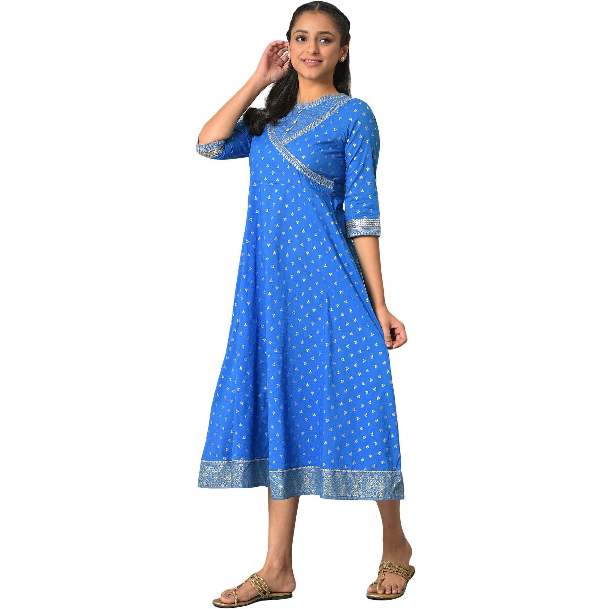 Aurelia Women's Cotton Fit And Flare Midi Dress (23Fea13924-506224_Blue