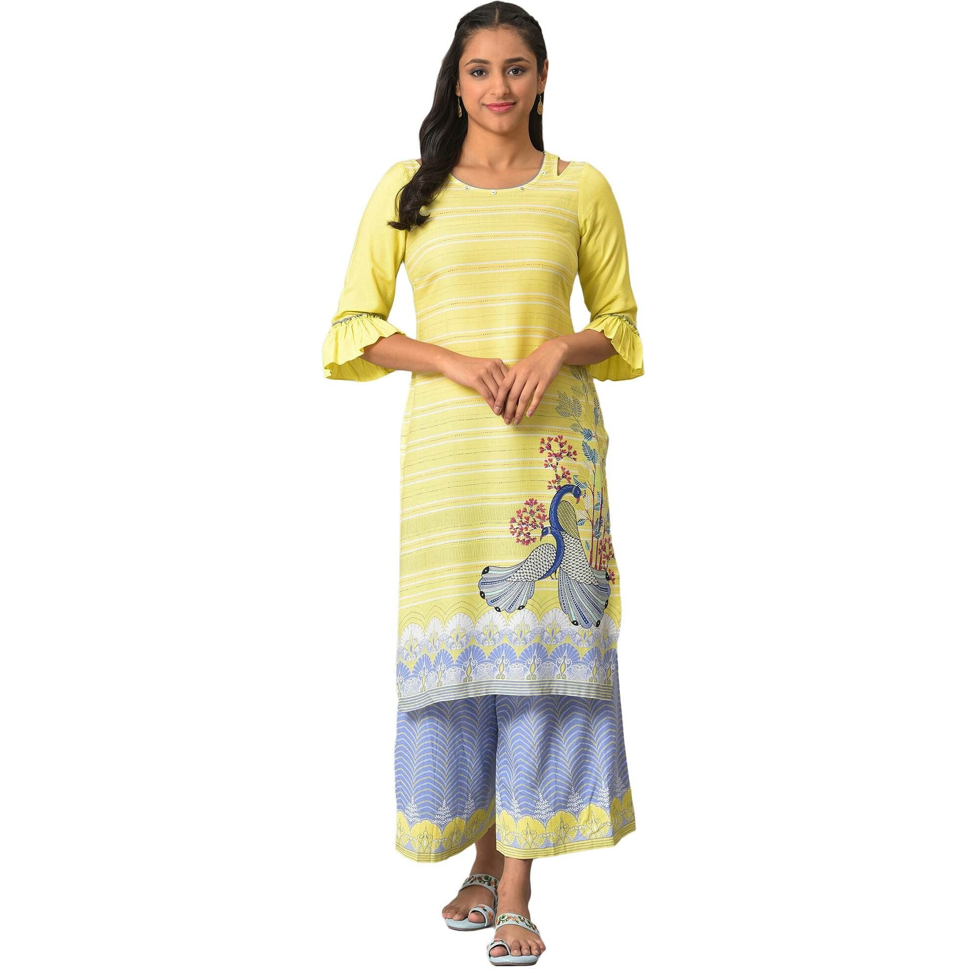 Aurelia Women's Rayon Floral Regular Yellow Printed Straight Kurta (23Fea13974-506727