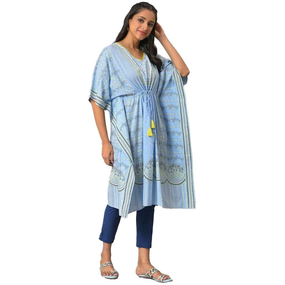 Aurelia Printed Cotton V Neck Women's Kurta (Blue, Free Size)