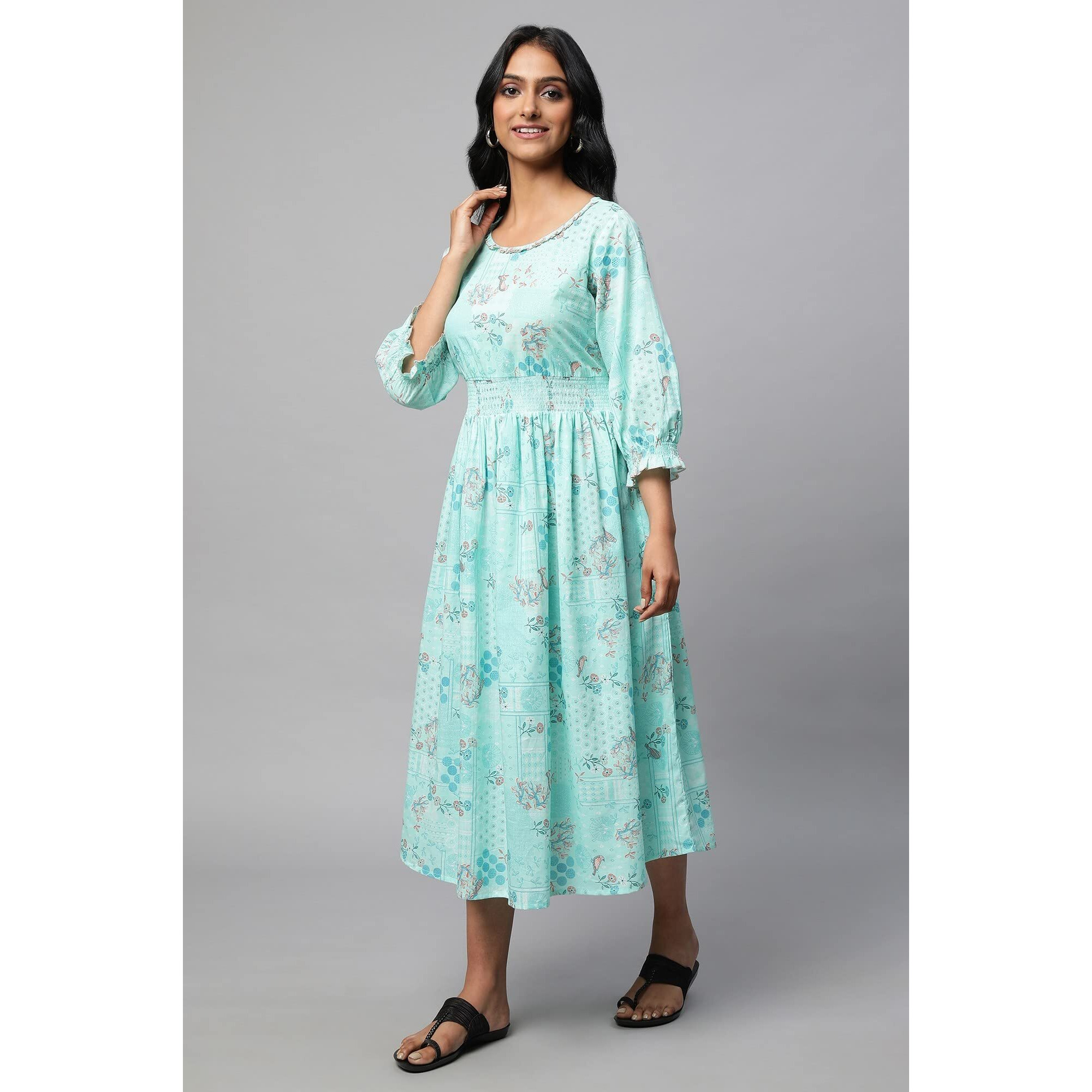 Green A-Line Printed Dress