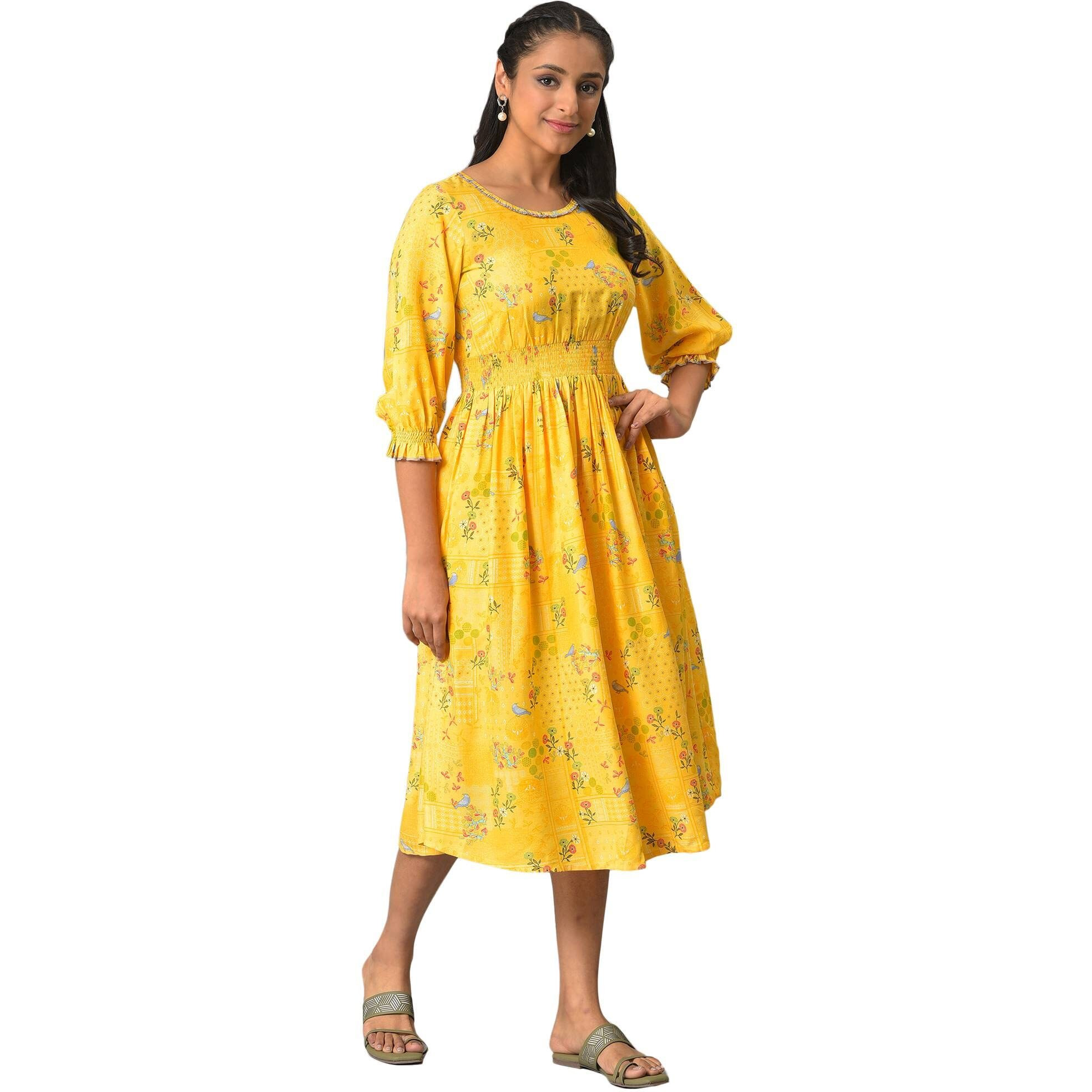 Aurelia Women's Cotton A-Line Midi Dress (23Fea13966-506741_Yellow