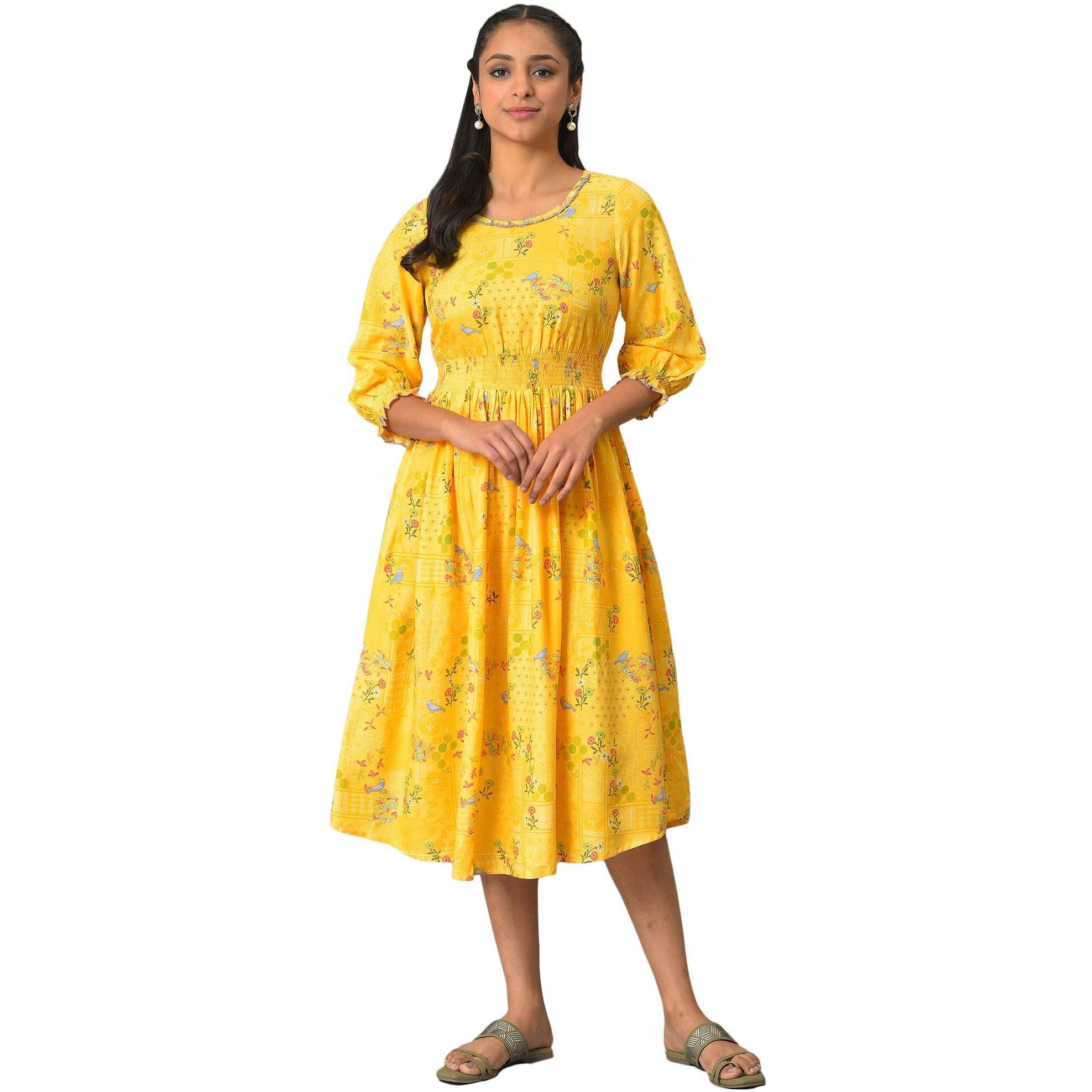 Yellow A-Line Printed Summer Dress
