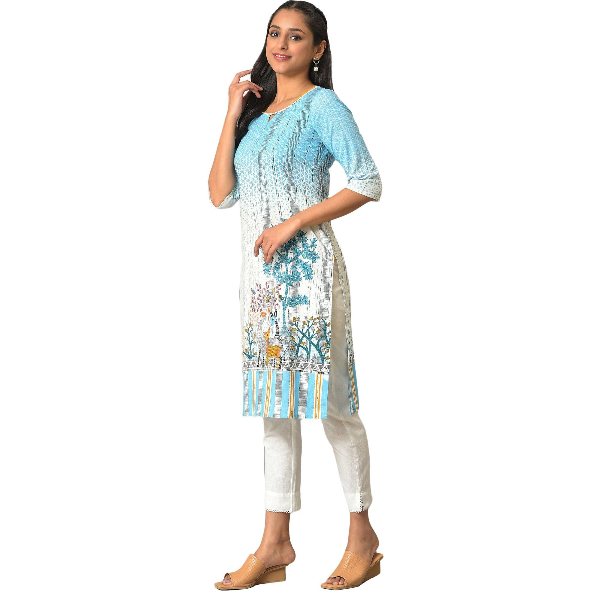 Aurelia Blue Botanical Regular Kurta For Women