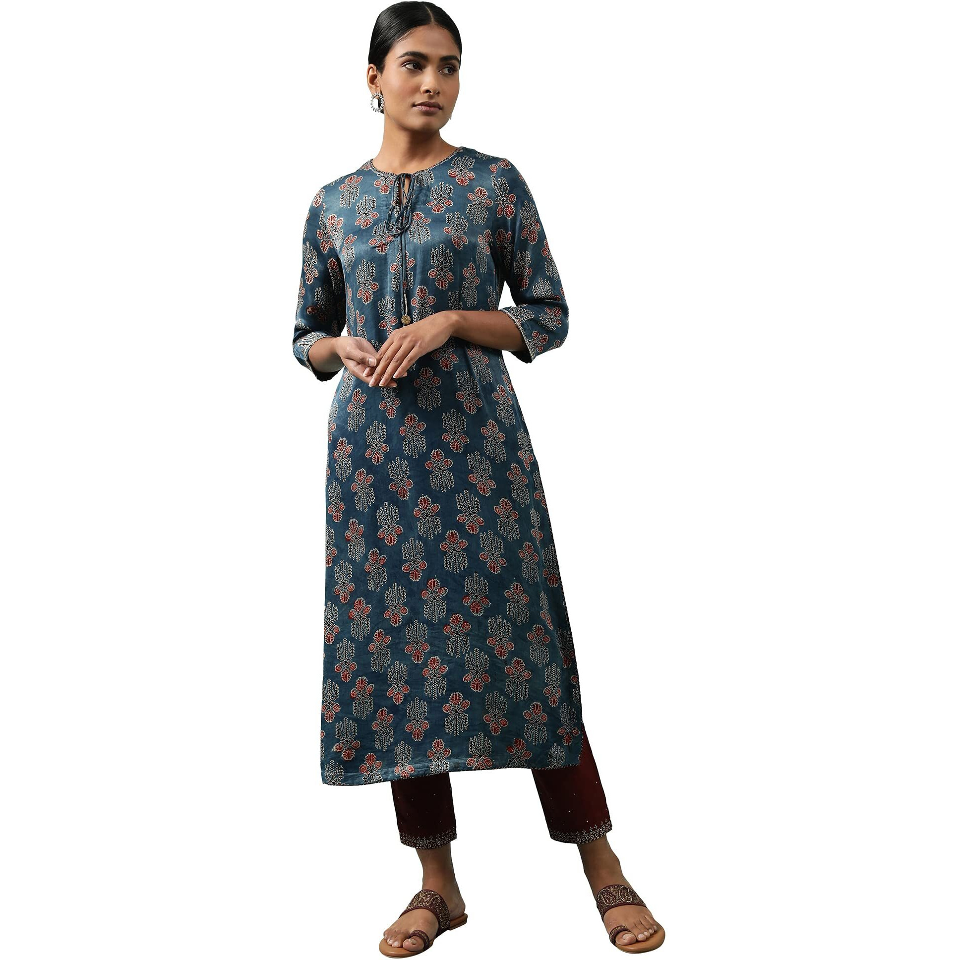 W For Woman Indigo Ajrakh Print Kurta_23Maf11328-910972_Xs