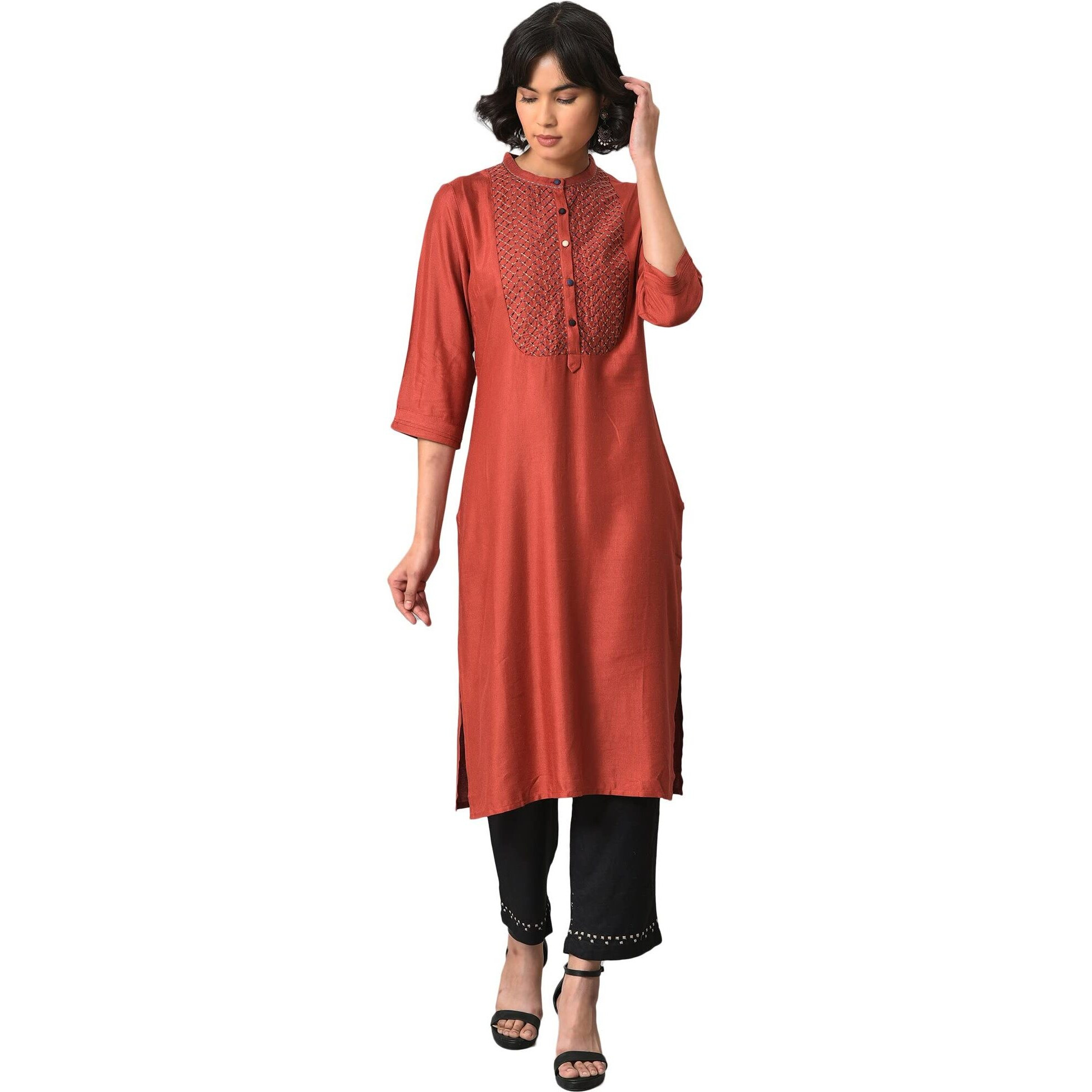 W For Woman Brick Red Thread Embroidered Kurta With Black Straight Pants