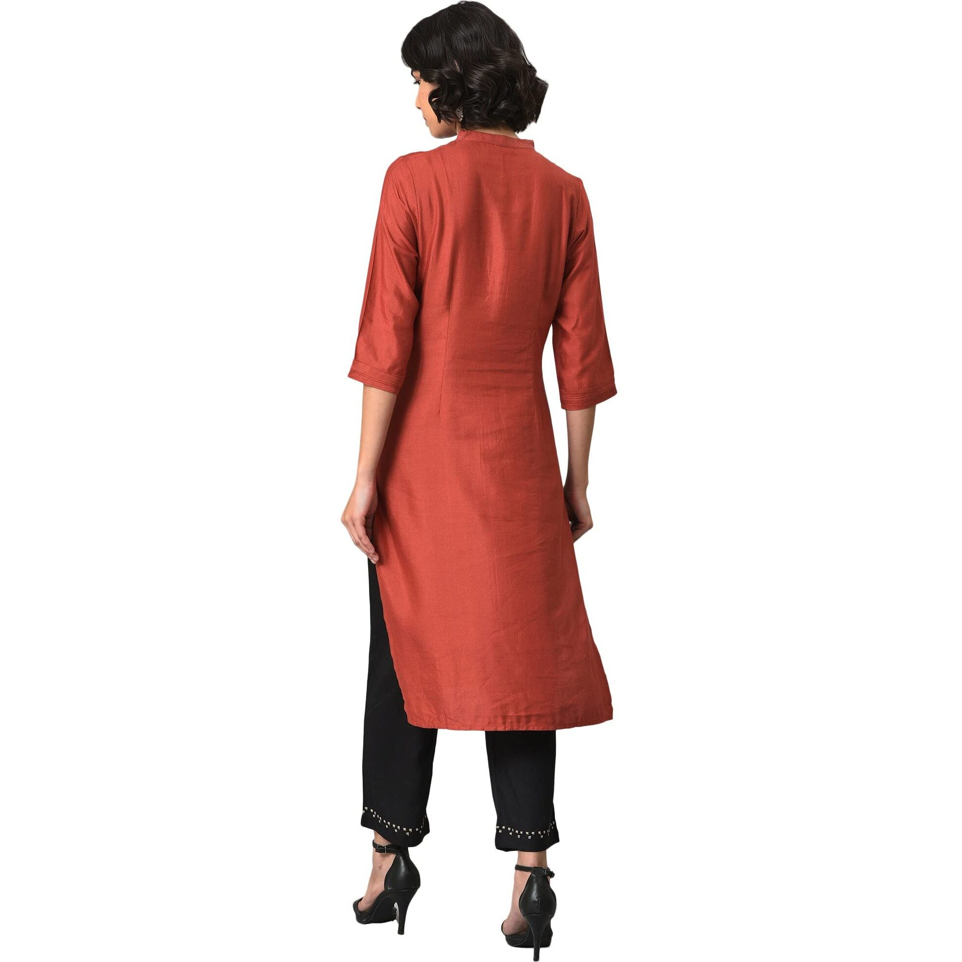 W For Woman Brick Red Thread Embroidered Kurta With Black Straight Pants