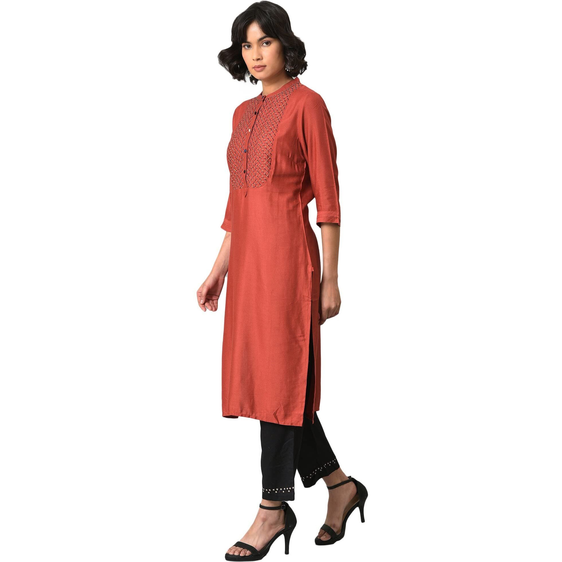W For Woman Brick Red Thread Embroidered Kurta With Black Straight Pants