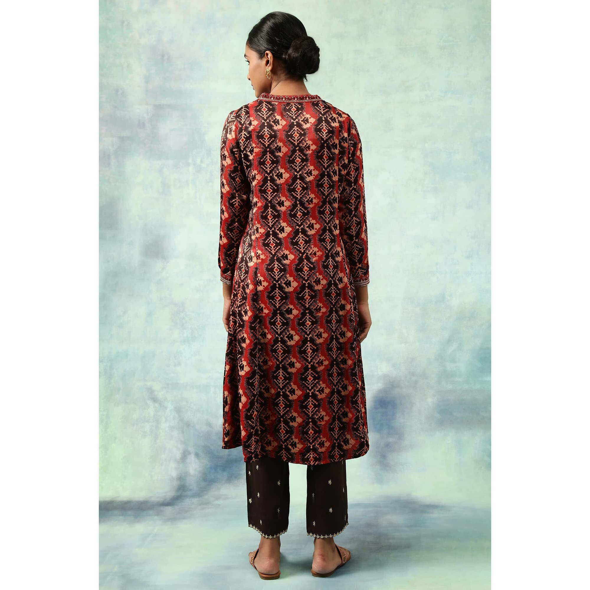 W For Woman Brick Red Flared Ajrakh Print Satin Kurta_23Maf11661-910694_S