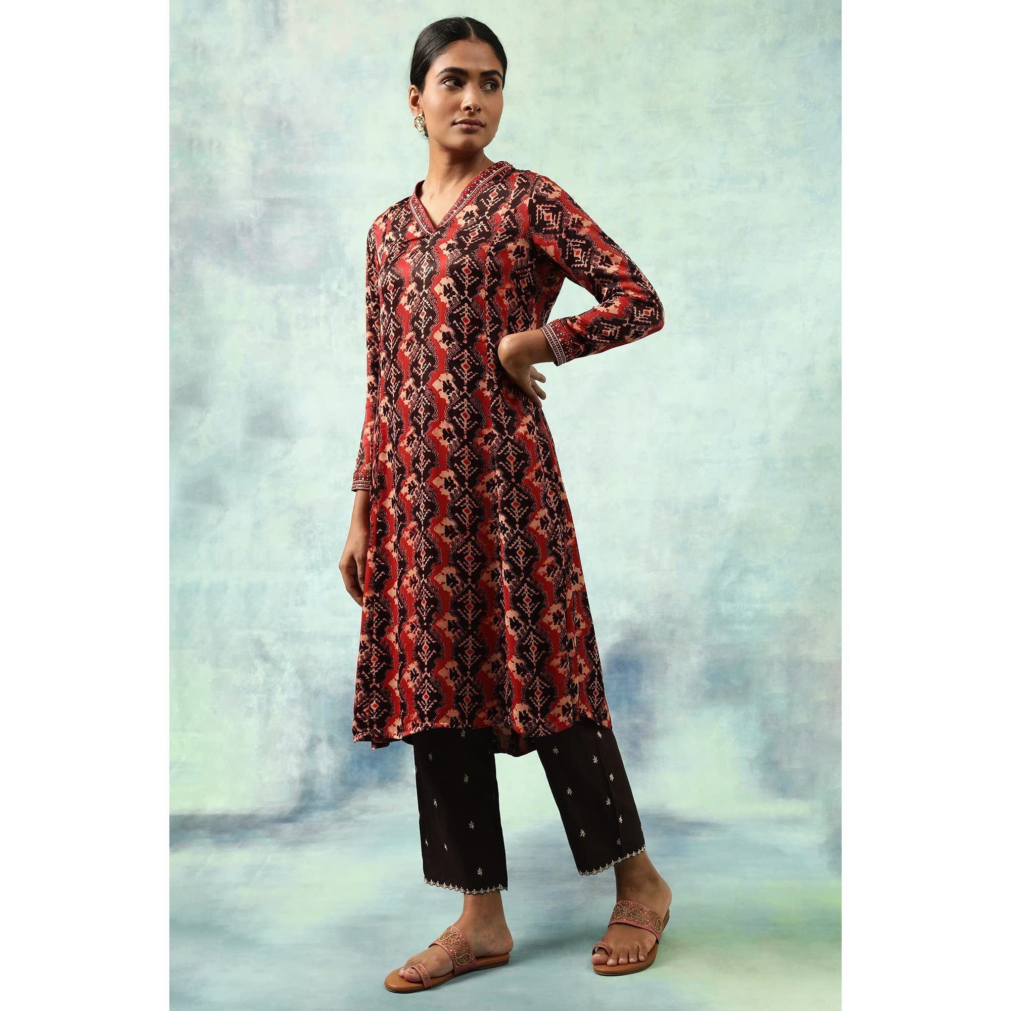 W For Woman Brick Red Flared Ajrakh Print Satin Kurta_23Maf11661-910694_S