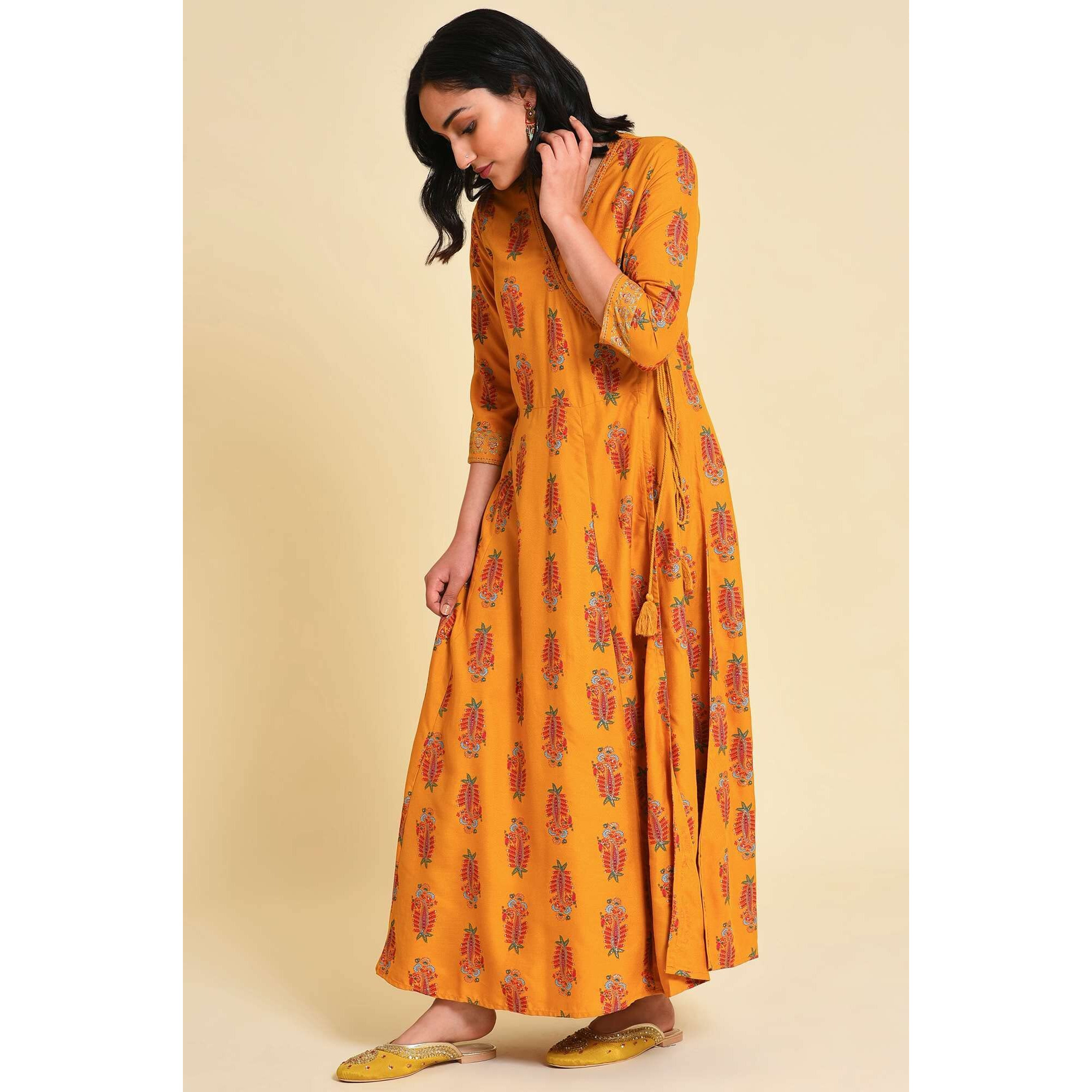 W For Woman Yellow Multicolour Printed Angrakha Kurta Set_22Auws19555-121759_S