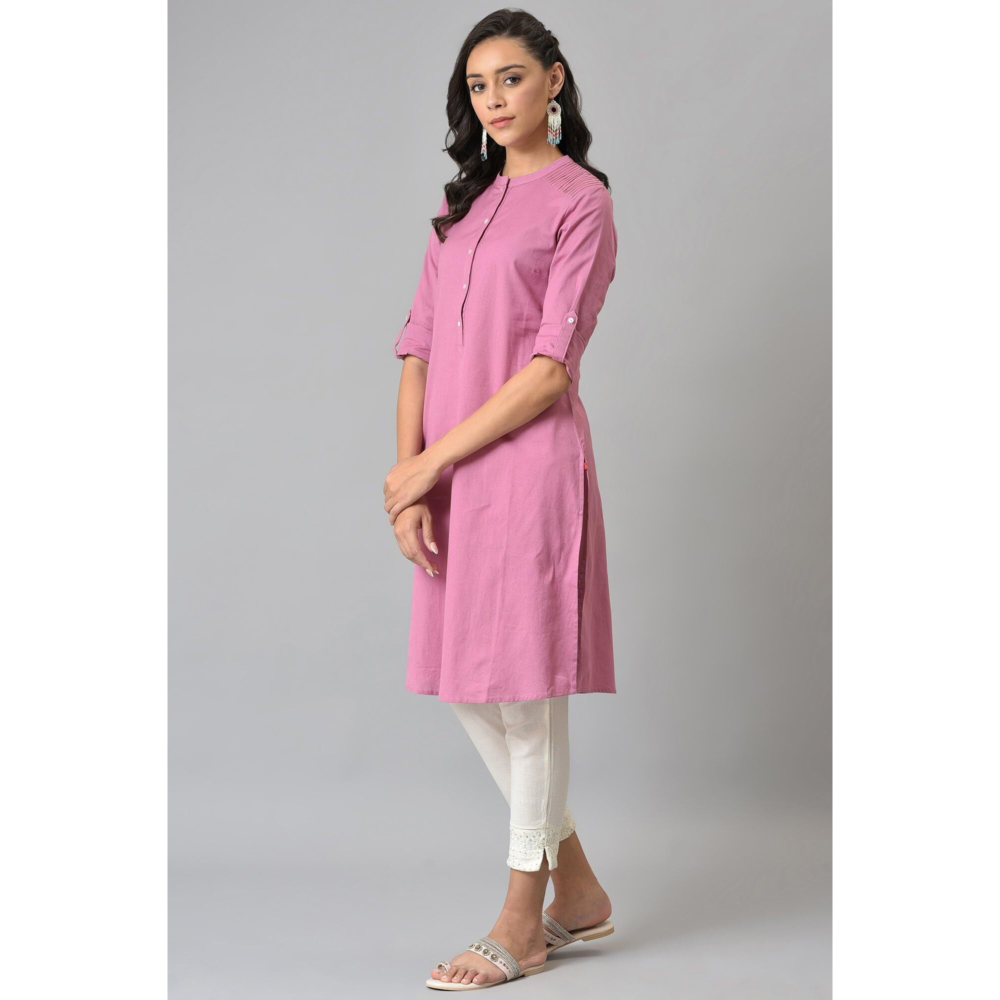 W For Woman Women Cotton Pink Half Placket Shirt Regular Fit Kurta_23Few18810-211536_M
