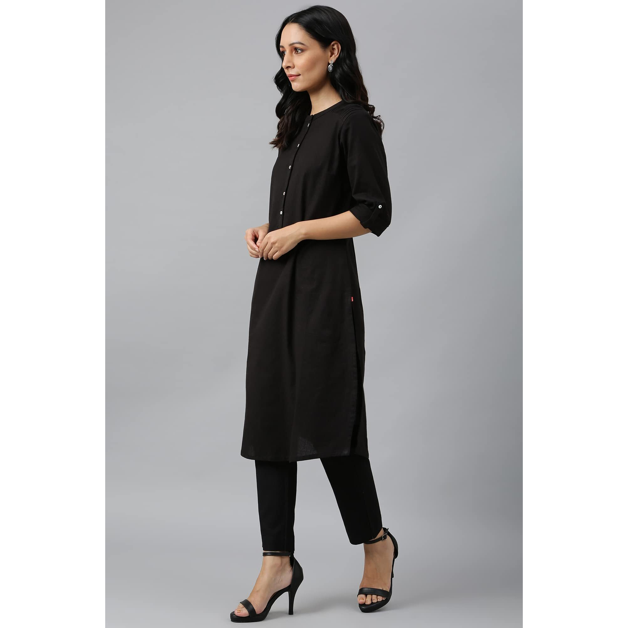W Black Solid Cotton Blend Straight Long Kurta For Women
