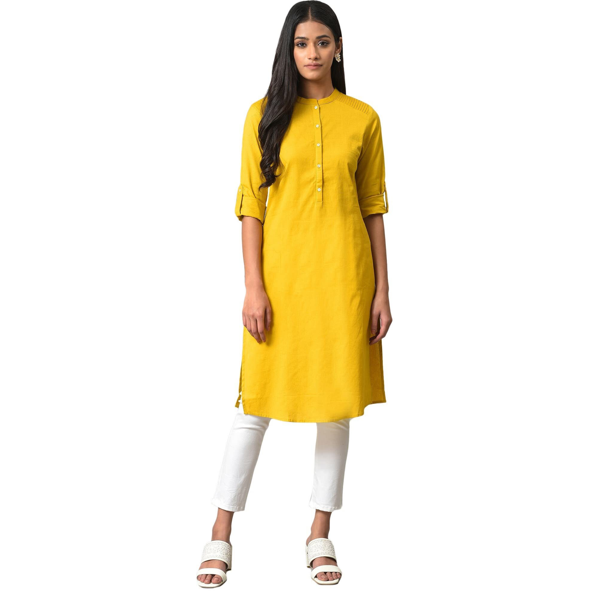 W For Woman Light Yellow Half Placket Shirt Kurta (Size M)-23Few18810-213740