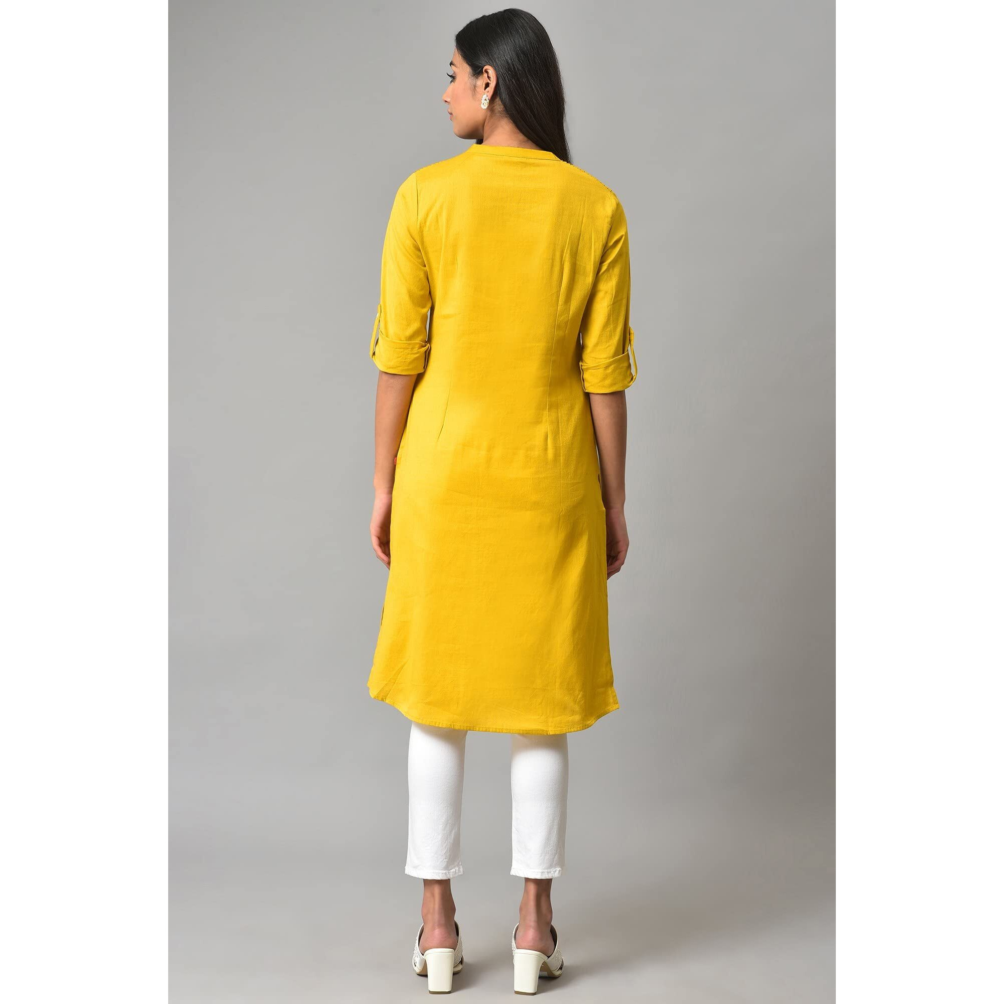 W For Woman Light Yellow Half Placket Shirt Kurta (Size M)-23Few18810-213740