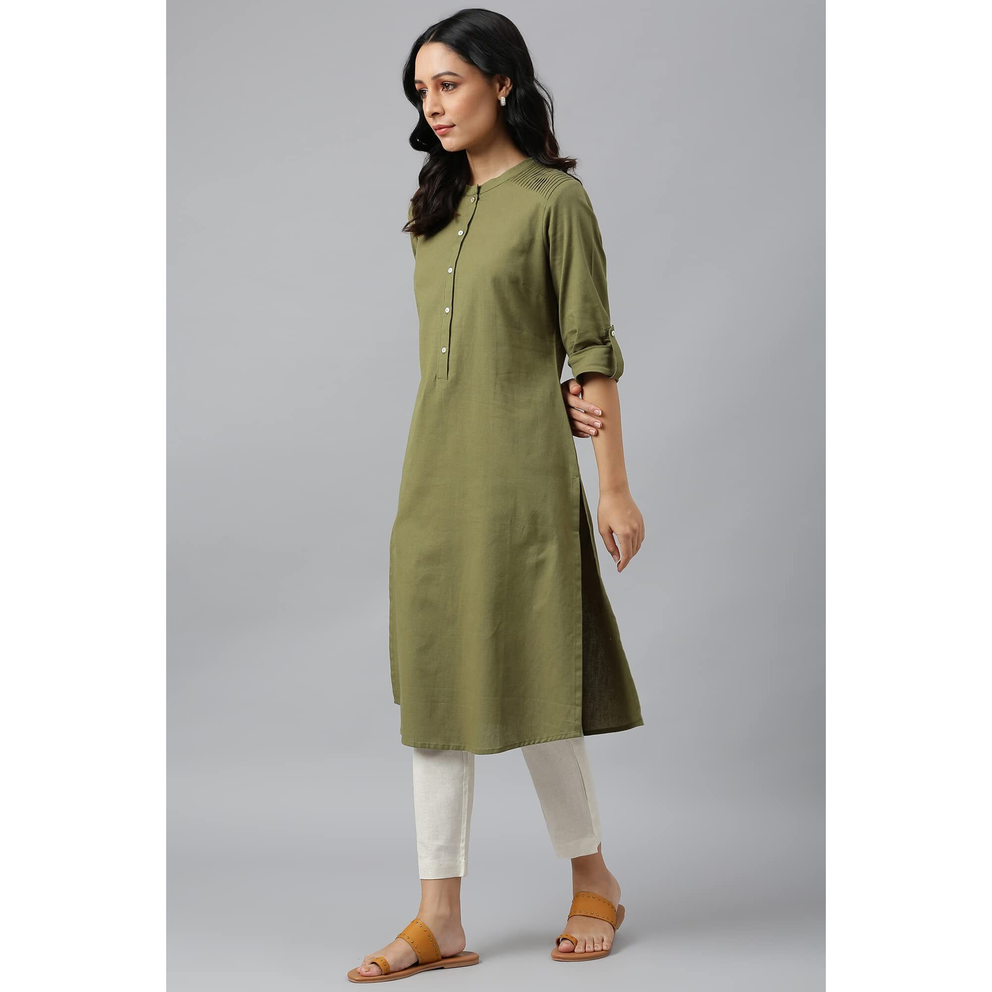 W For Woman Green Half Placket Shirt Kurta (Size Xl)-23Few18810-213744