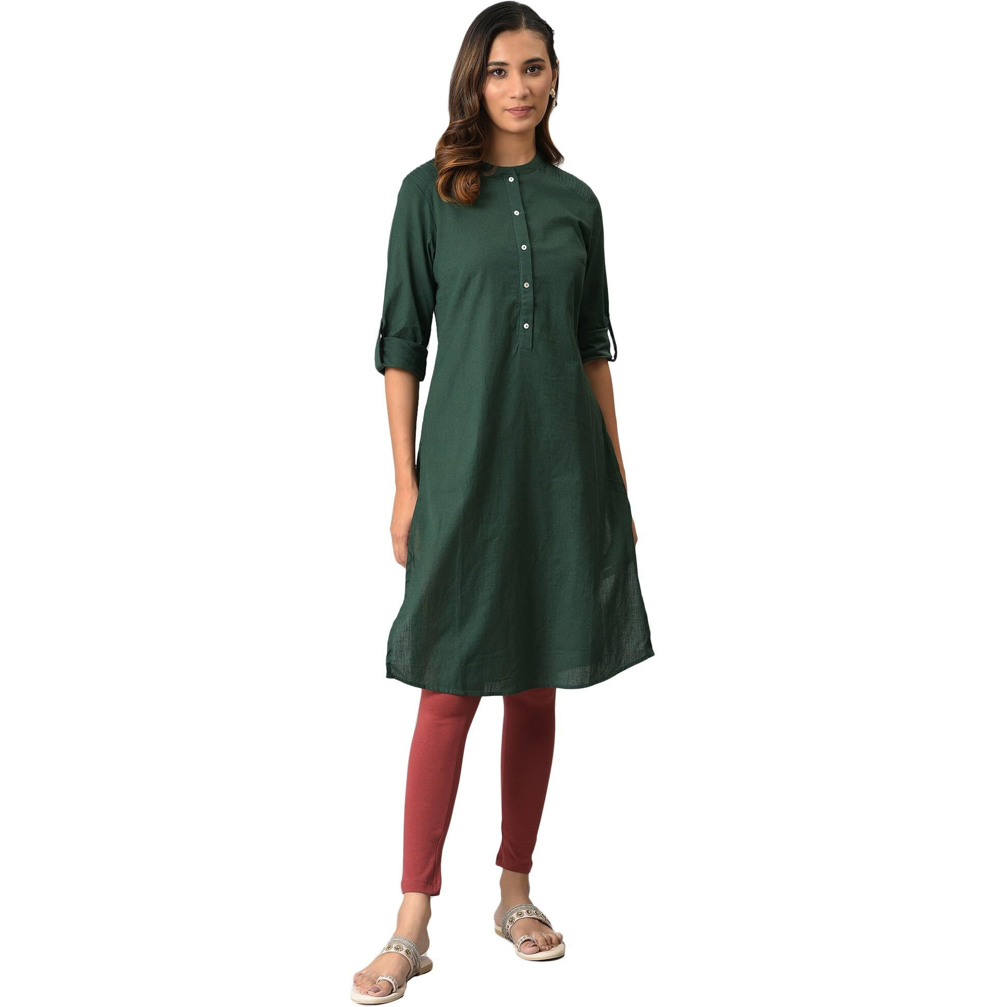 W For Woman Dark Green Half Placket Shirt Kurta (Size L)-23Few18810-213745