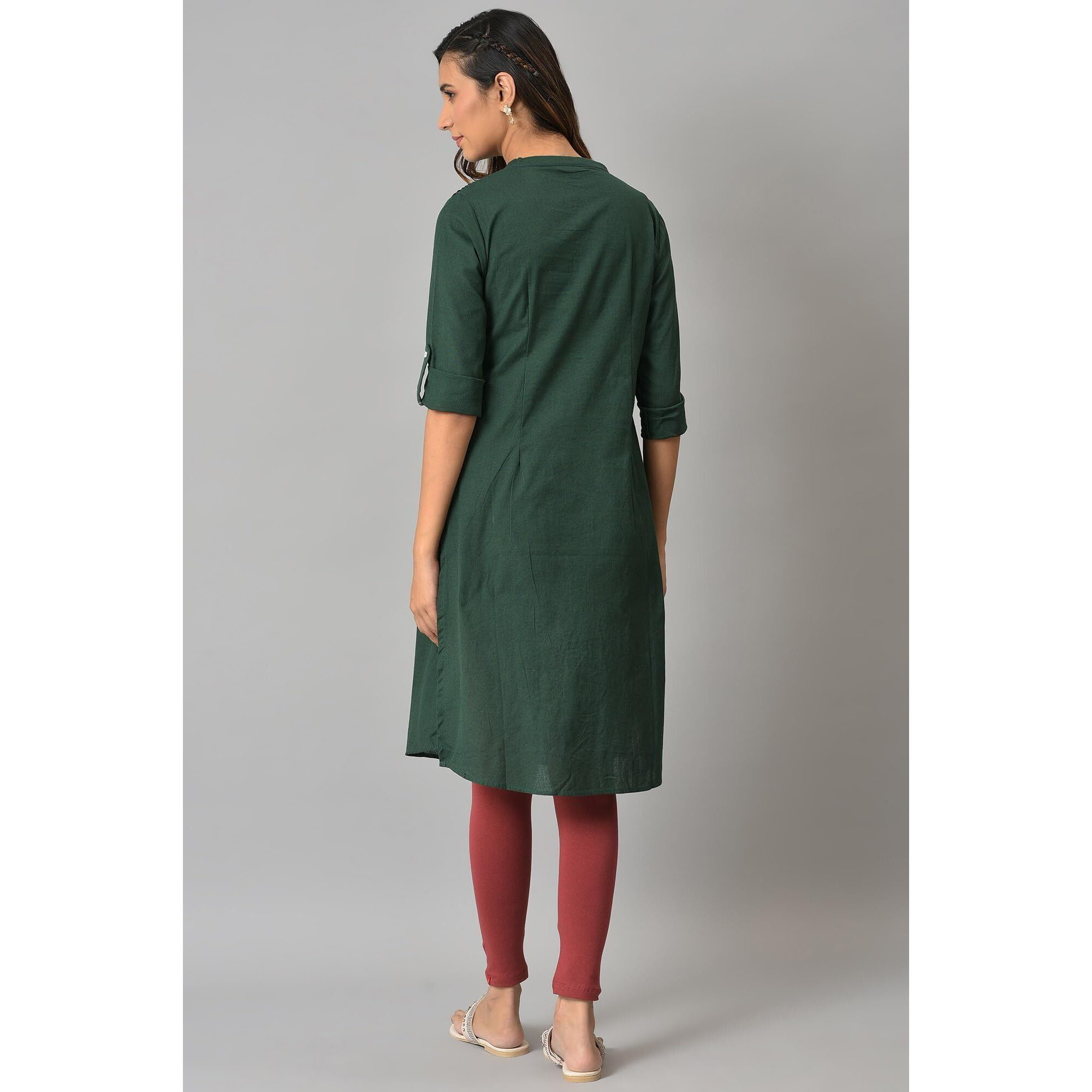 W For Woman Dark Green Half Placket Shirt Kurta (Size L)-23Few18810-213745