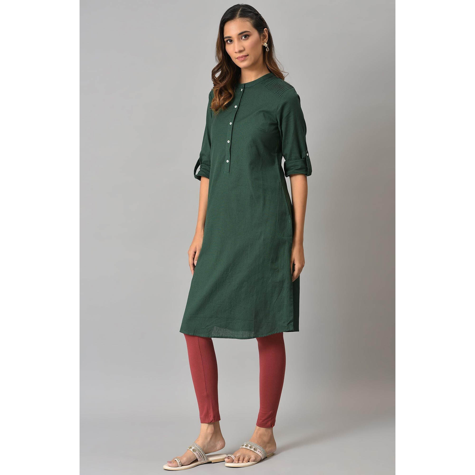 W For Woman Dark Green Half Placket Shirt Kurta (Size L)-23Few18810-213745