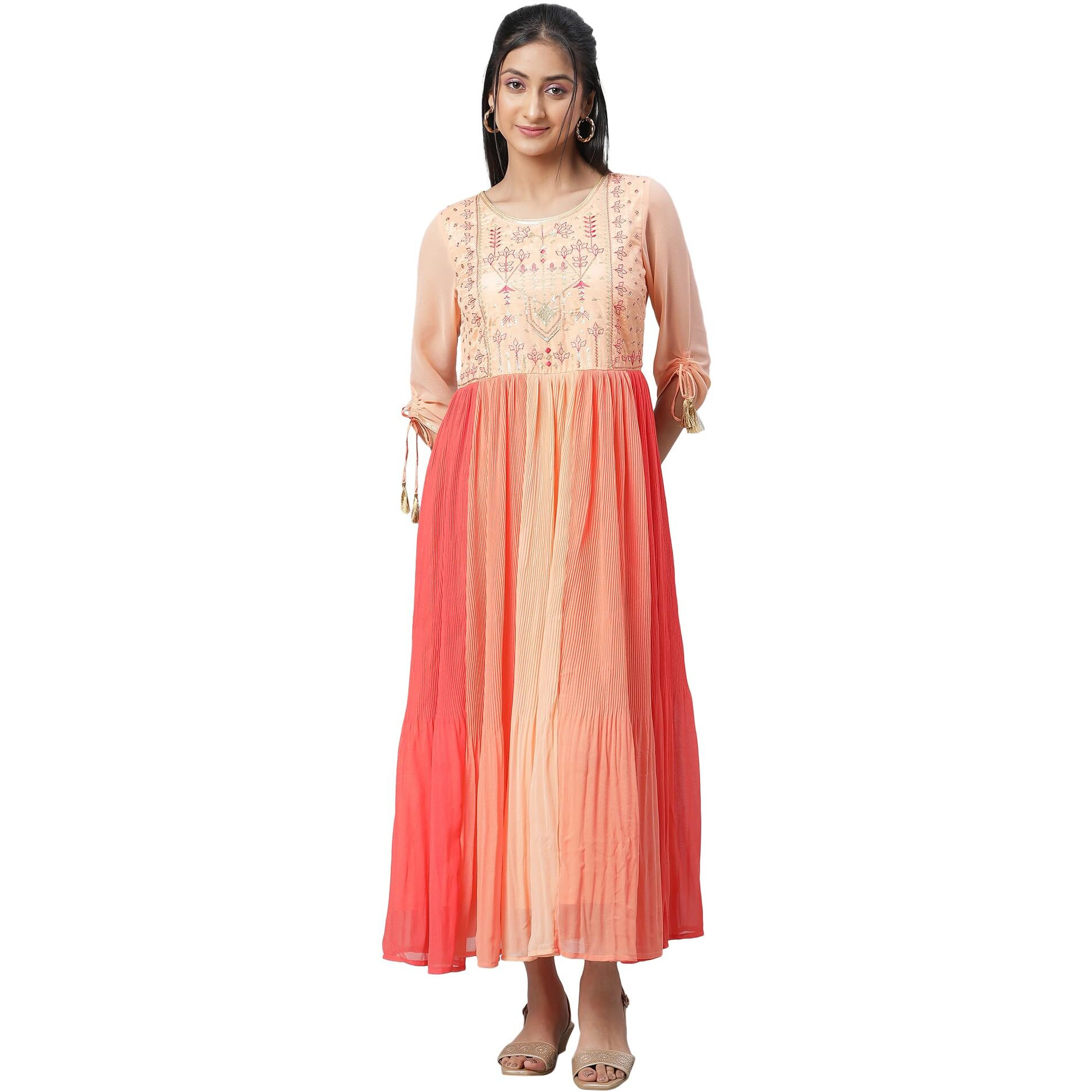 Aurelia Women's Polyester Fit And Flare Ankle Length Dress (23Fea14006-605628_Peach Nectar