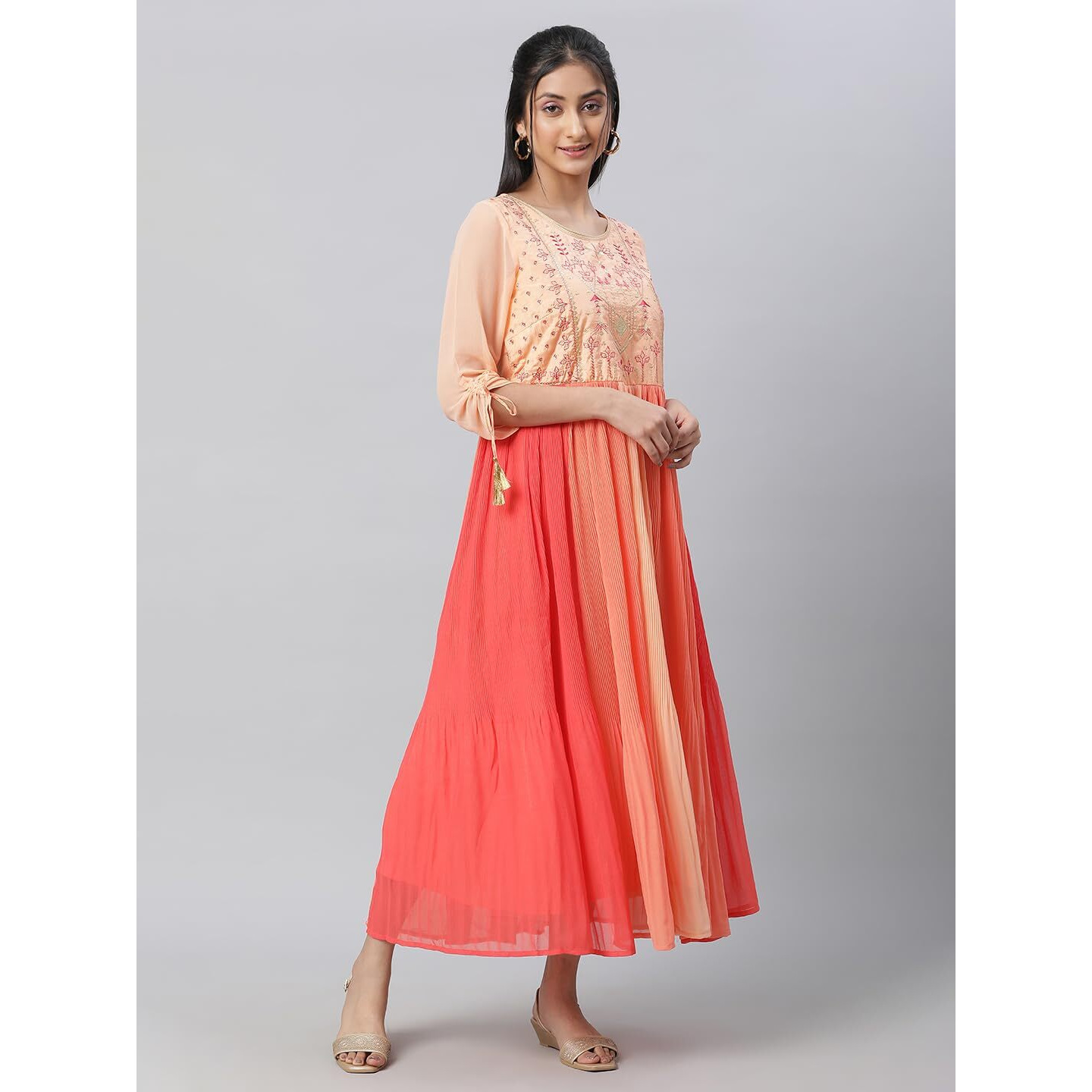 Aurelia Women's Polyester Fit And Flare Ankle Length Dress (23Fea14006-605628_Peach Nectar