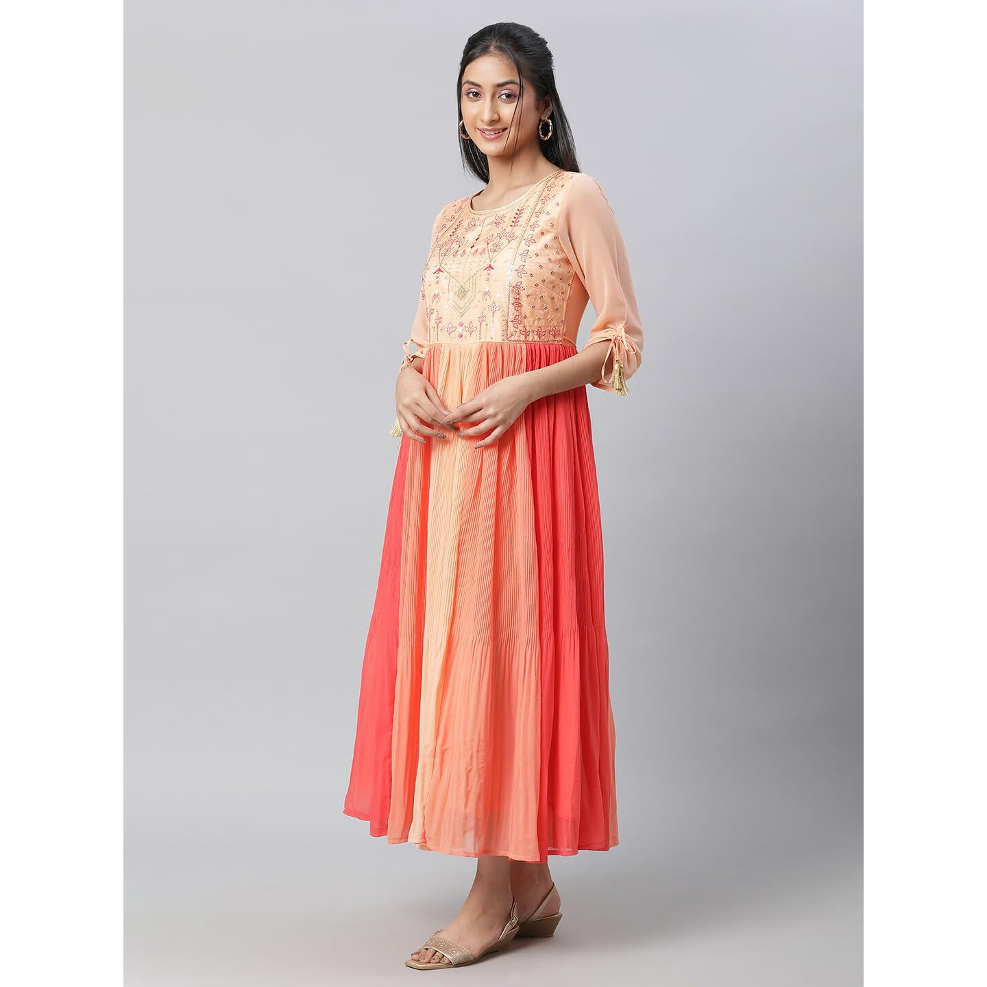 Aurelia Women's Polyester Fit And Flare Ankle Length Dress (23Fea14006-605628_Peach Nectar