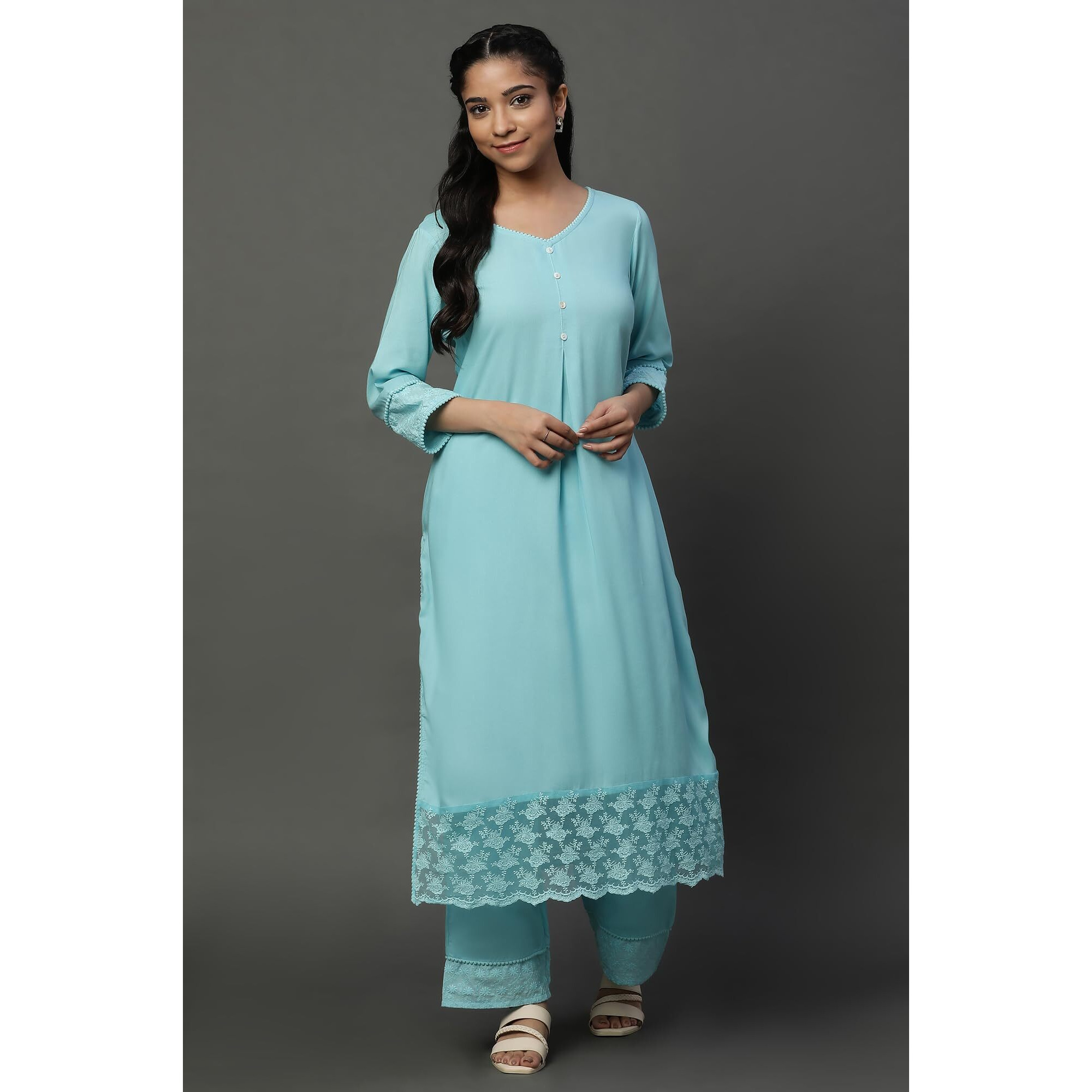 Aurelia Blue Embroidered Causal Kurta And Palazzo Co-Ord Set (Size S)-23Fed10565-605510