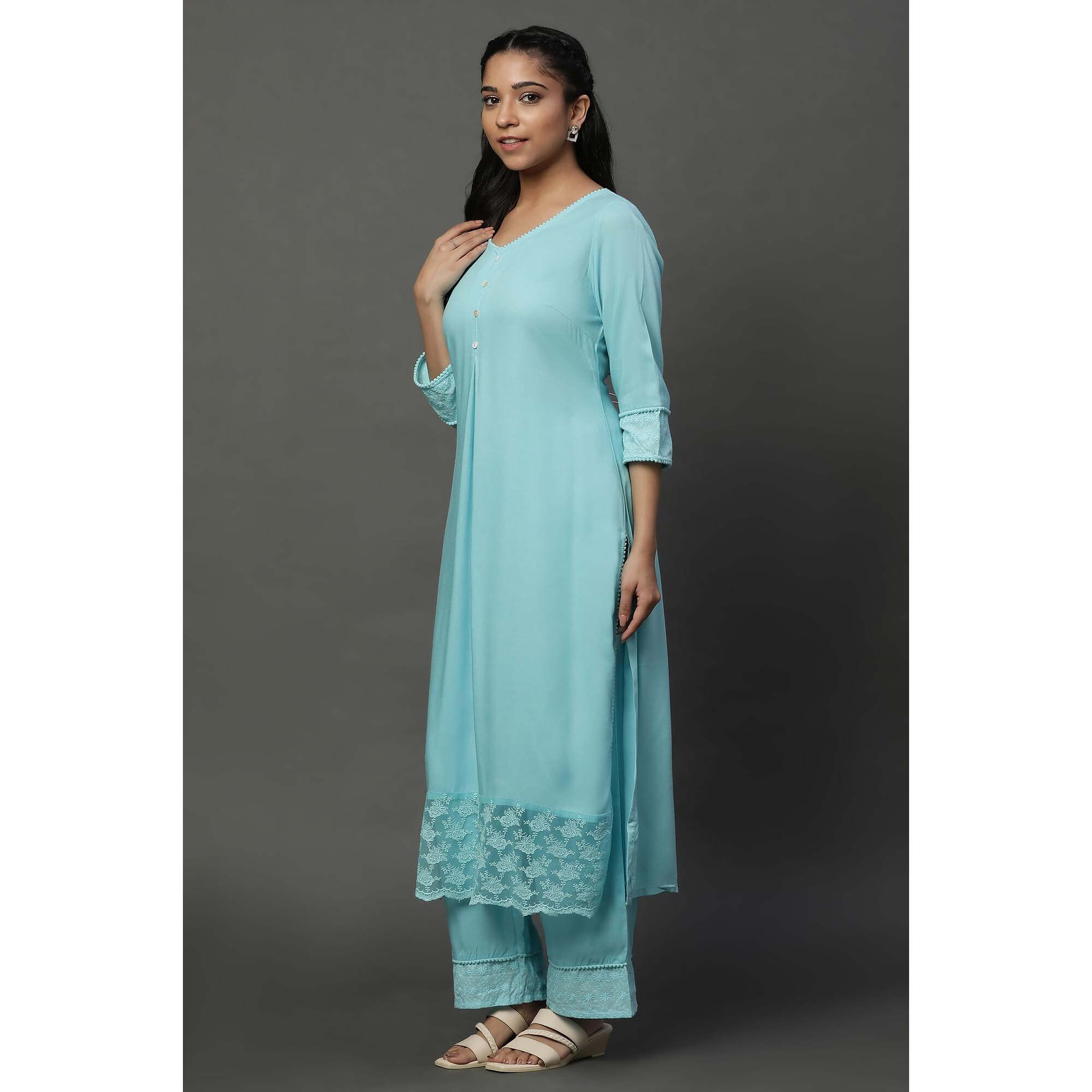 Aurelia Blue Embroidered Causal Kurta And Palazzo Co-Ord Set (Size S)-23Fed10565-605510
