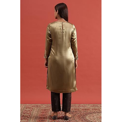 Folksong Women's Green Embroidered Straight Kurta In Mushroo (Size Xl)-23Maf11666-920738