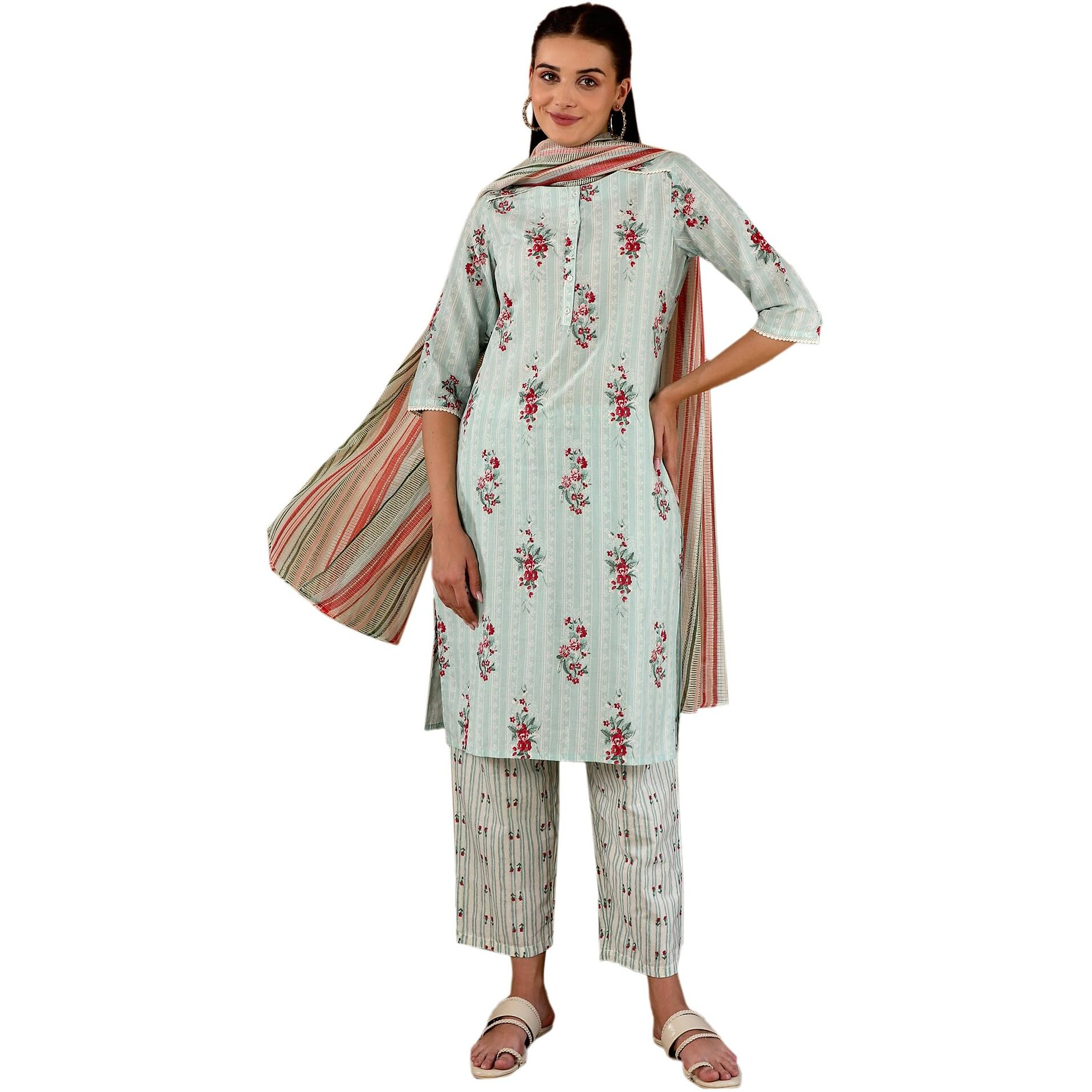 W Women's Light Green Floral Printed Cotton Kurta Dupatta Bottomwear With Lace