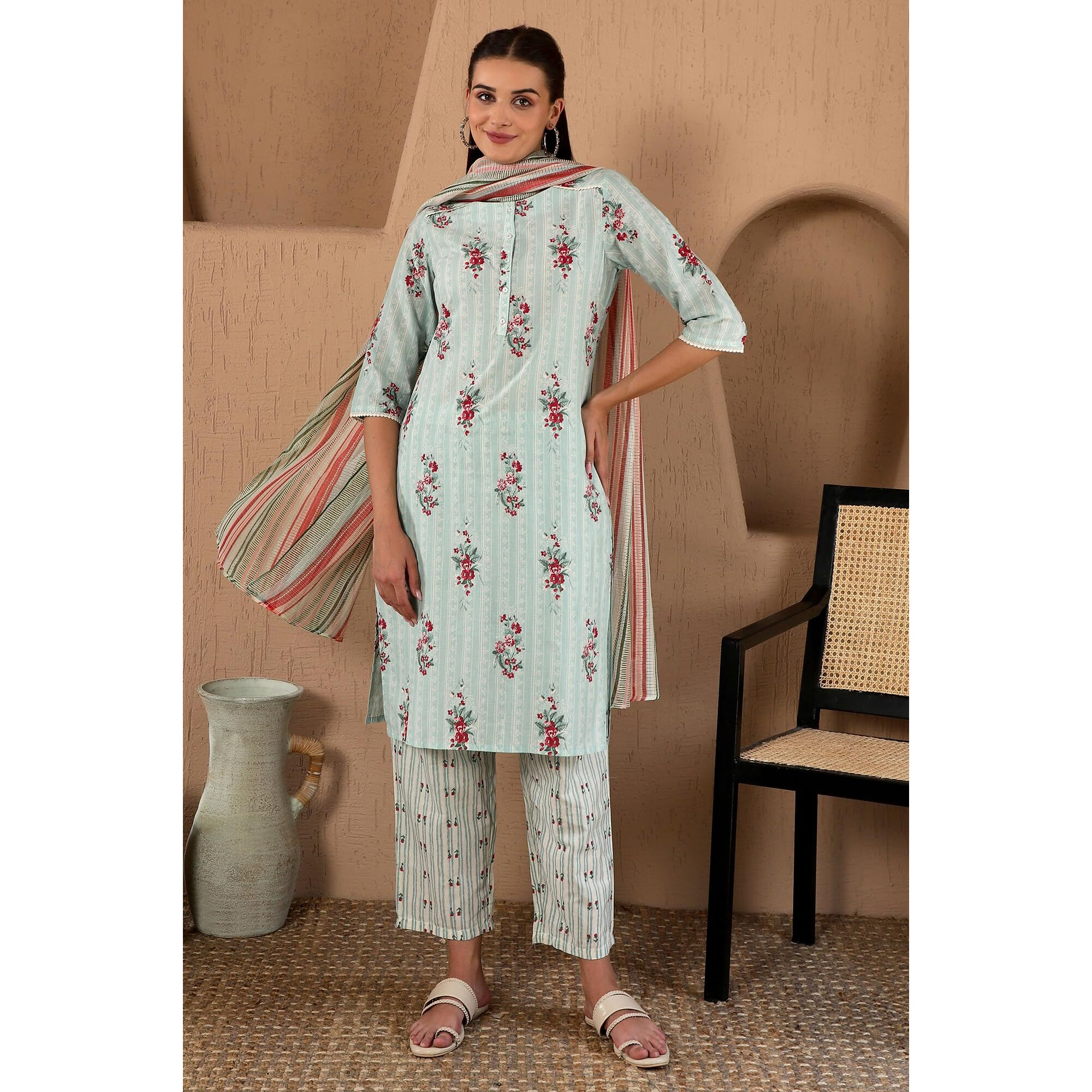 W Women's Light Green Floral Printed Cotton Kurta Dupatta Bottomwear With Lace