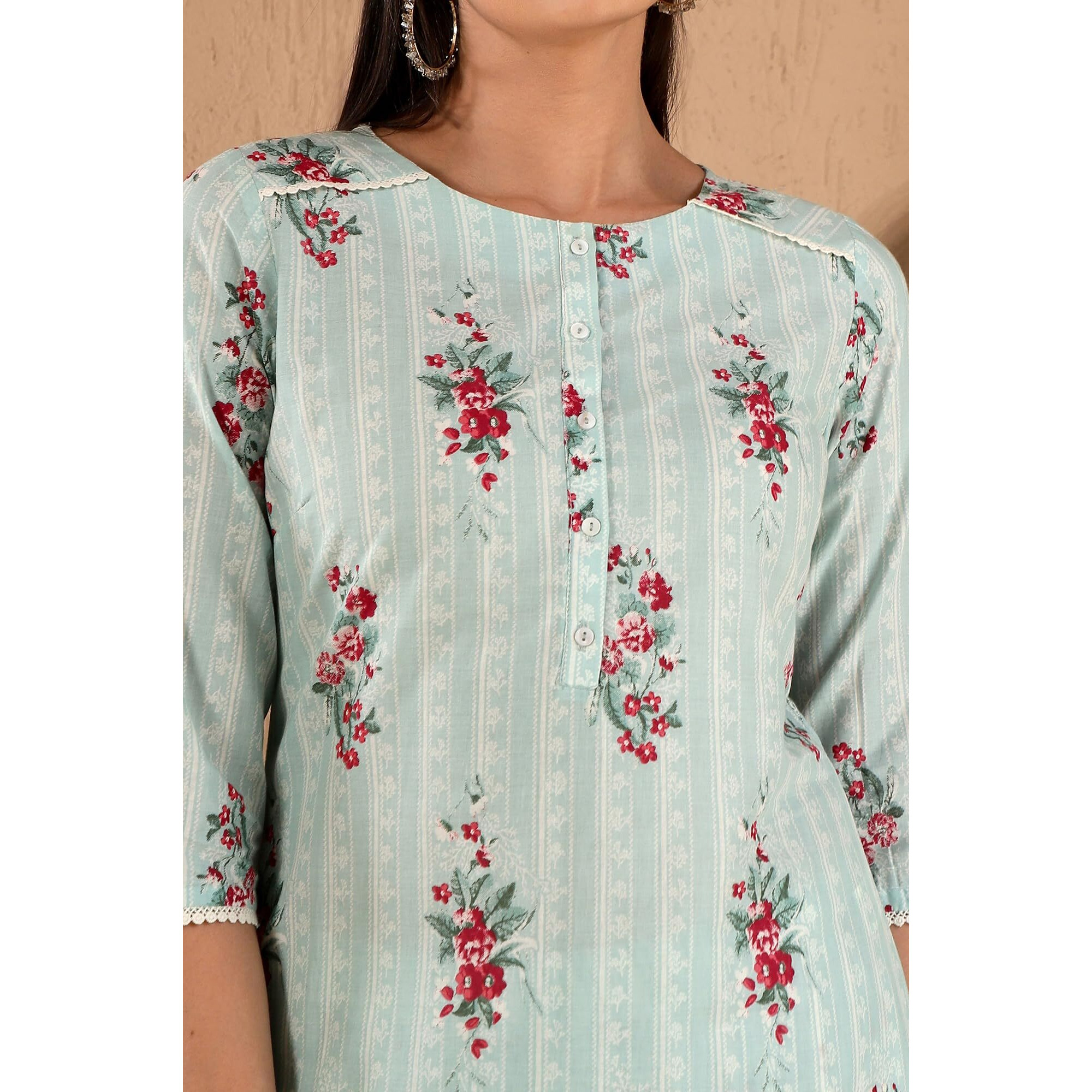 W Women's Light Green Floral Printed Cotton Kurta Dupatta Bottomwear With Lace