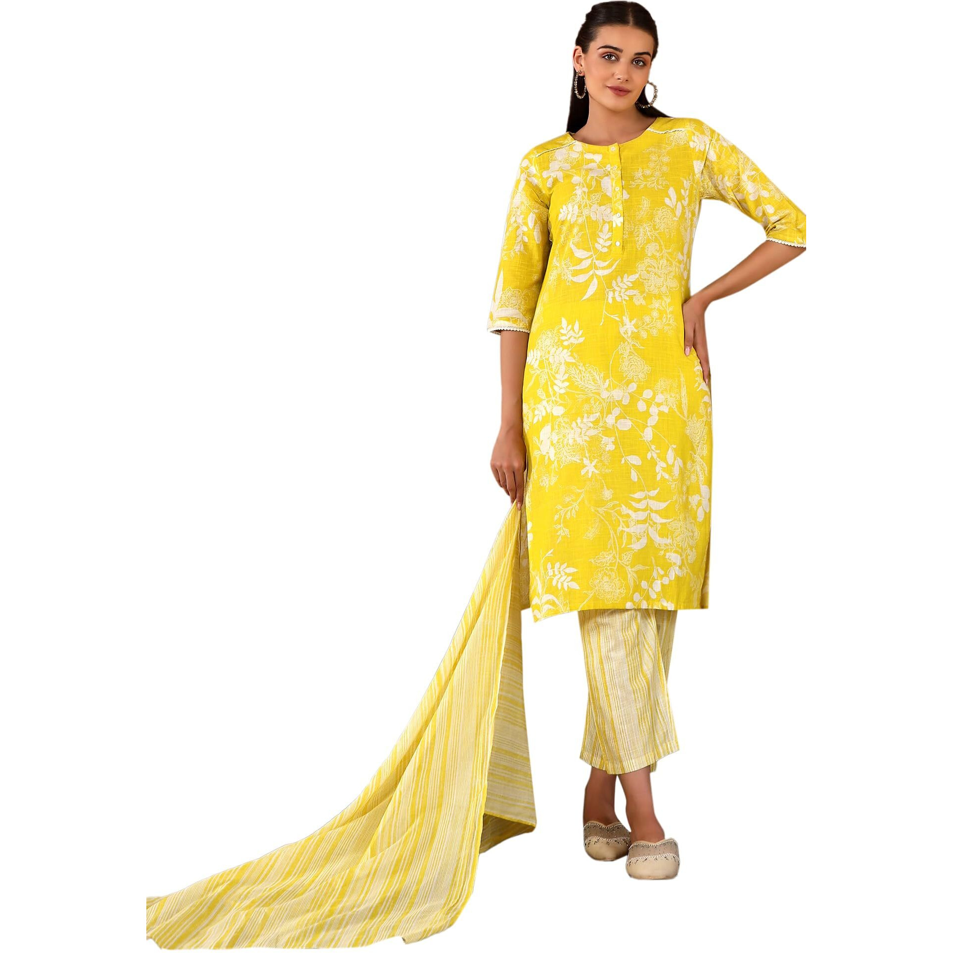 W Women's Light Yellow Floral Printed Cotton Kurta Dupatta Bottomwear With Lace