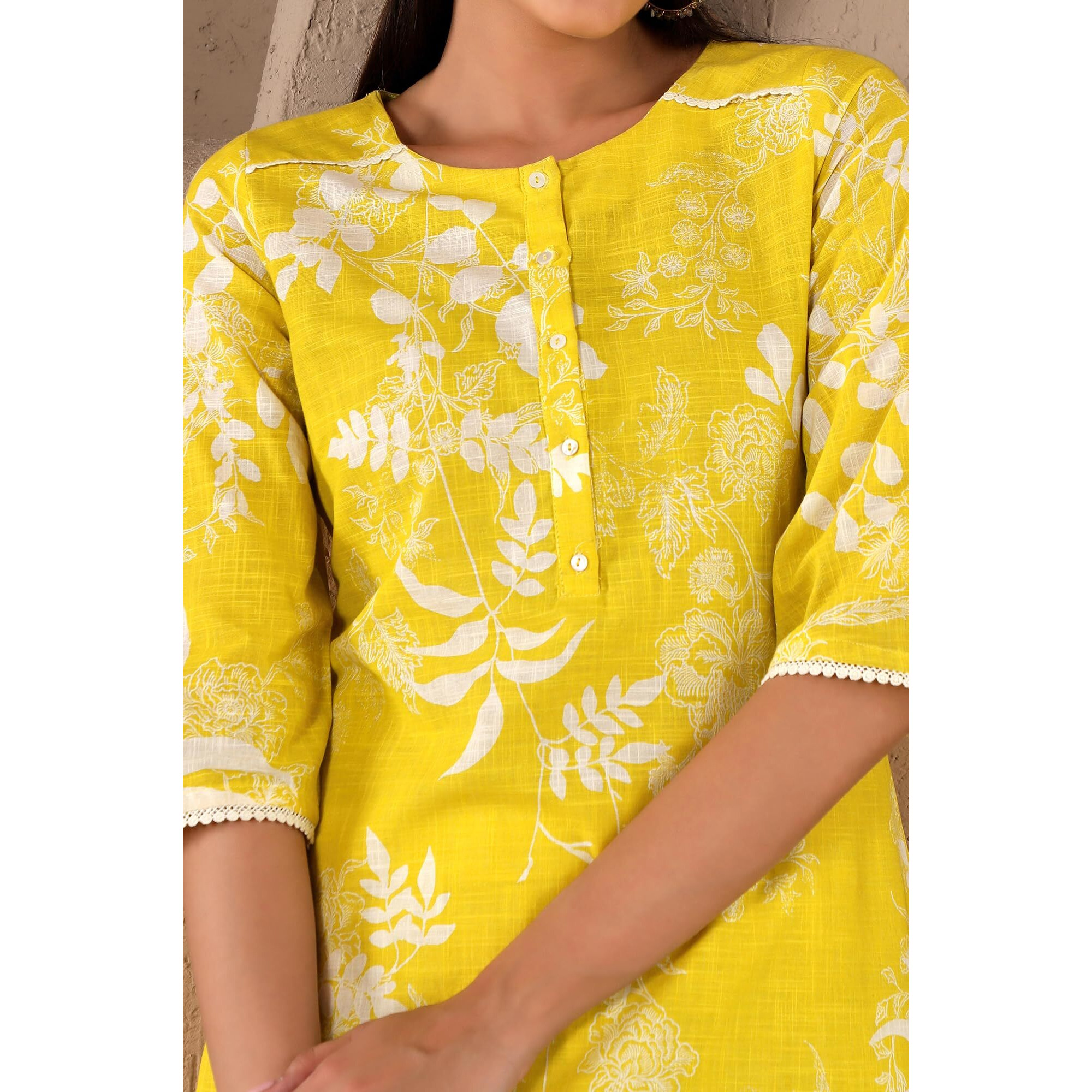 W Women's Light Yellow Floral Printed Cotton Kurta Dupatta Bottomwear With Lace