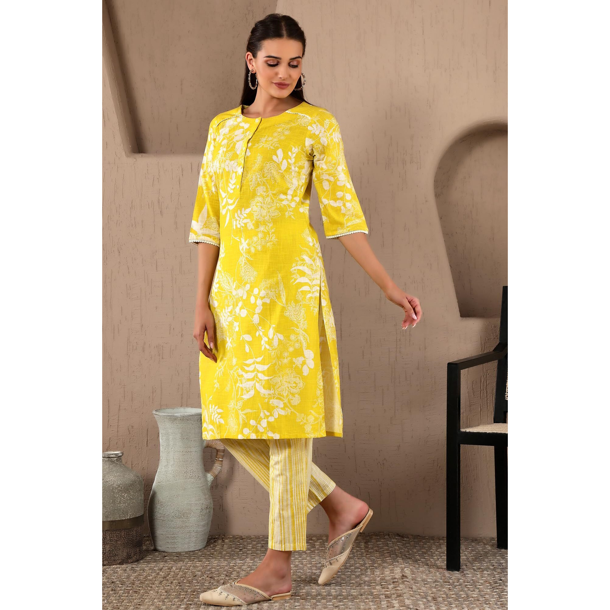 W Women's Light Yellow Floral Printed Cotton Kurta Dupatta Bottomwear With Lace