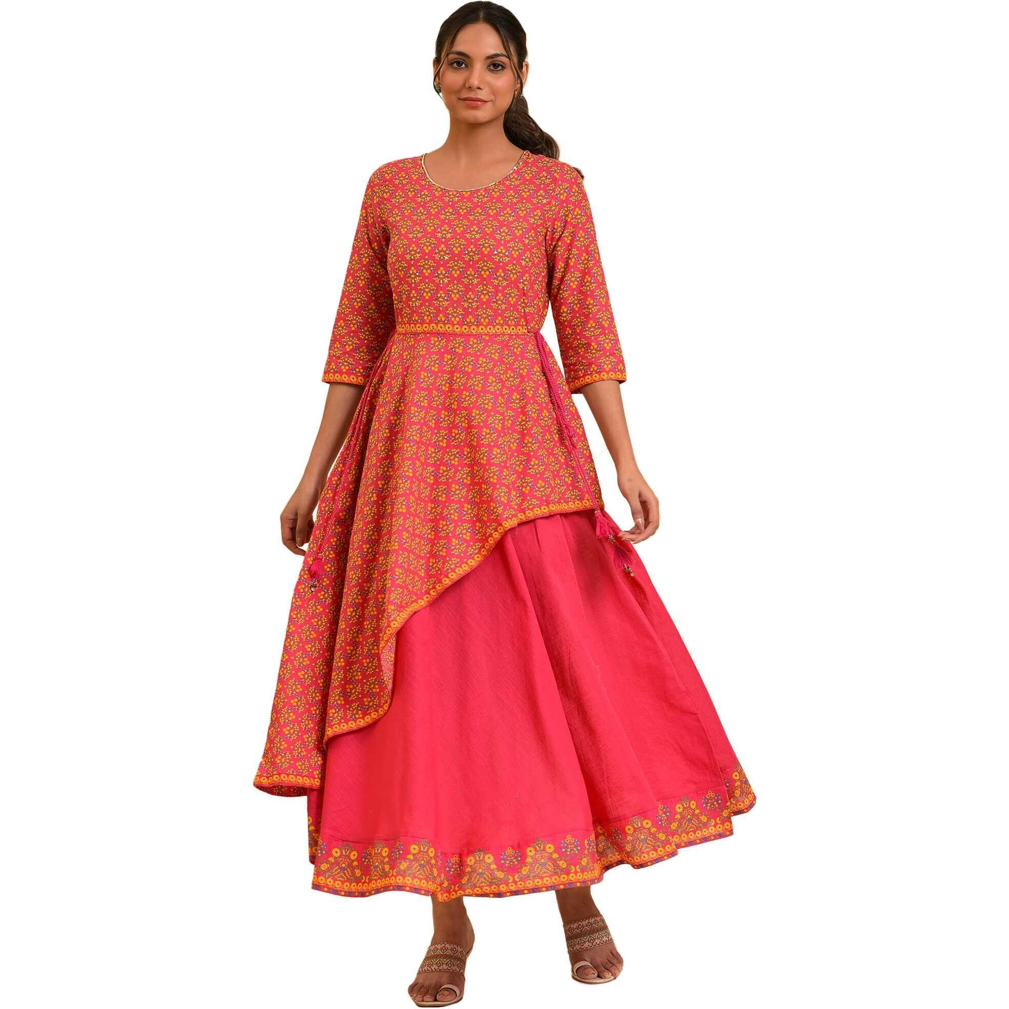 W For Woman Women's Cotton Pink Printed Asymmetrical Festive Dress Knee-Length 23Few19205-121193