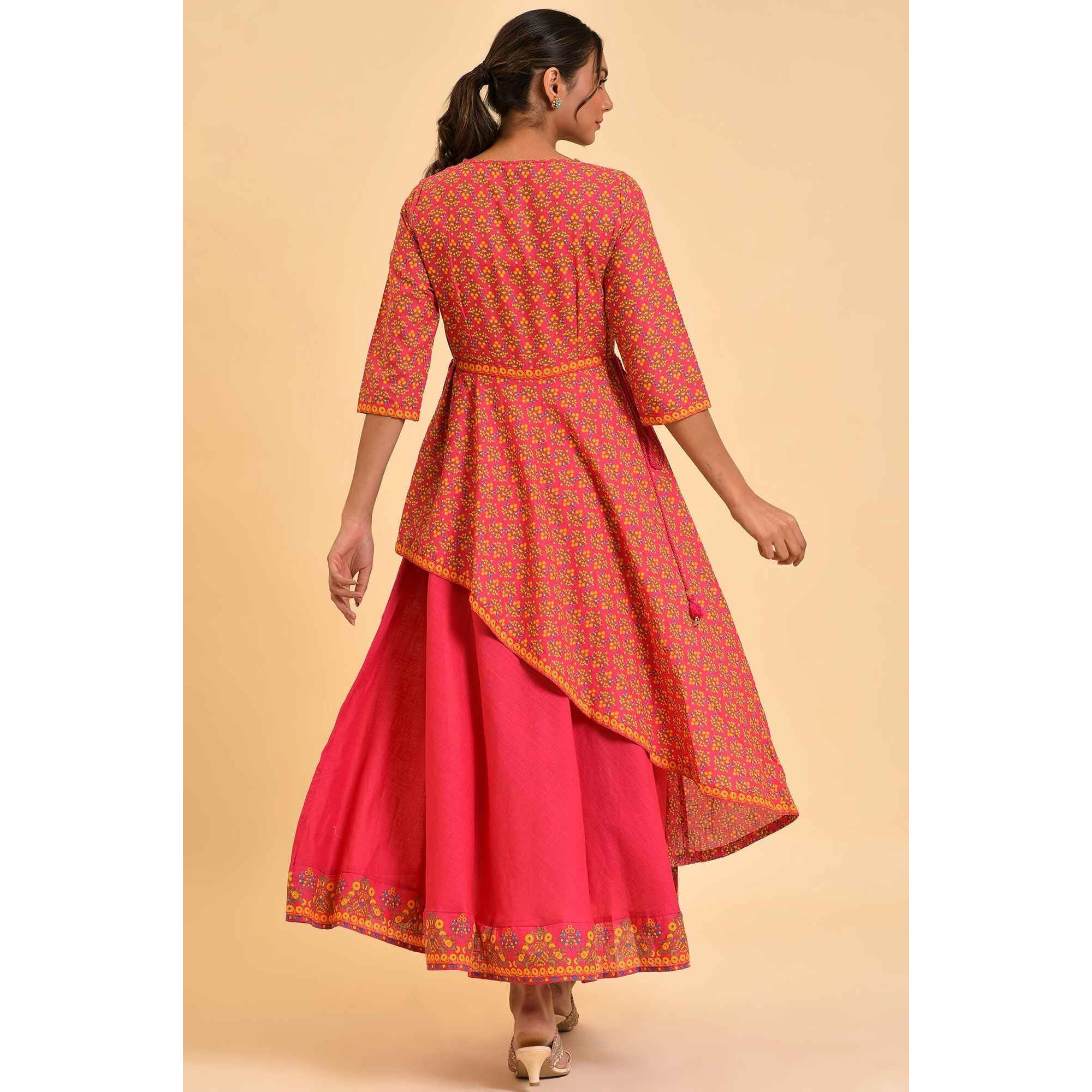 W For Woman Women's Cotton Pink Printed Asymmetrical Festive Dress Knee-Length 23Few19205-121193