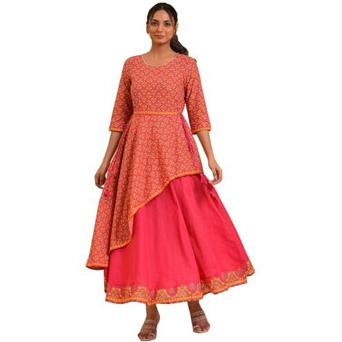 W For Woman Women's Cotton Pink Printed Asymmetrical Festive Dress Knee-Length 23Few19205-121193