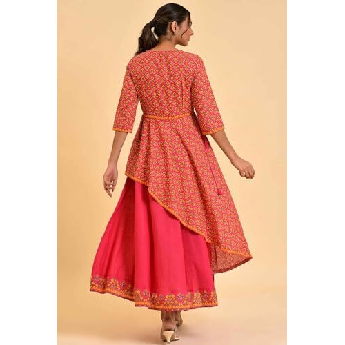 W For Woman Women's Cotton Pink Printed Asymmetrical Festive Dress Knee-Length 23Few19205-121193